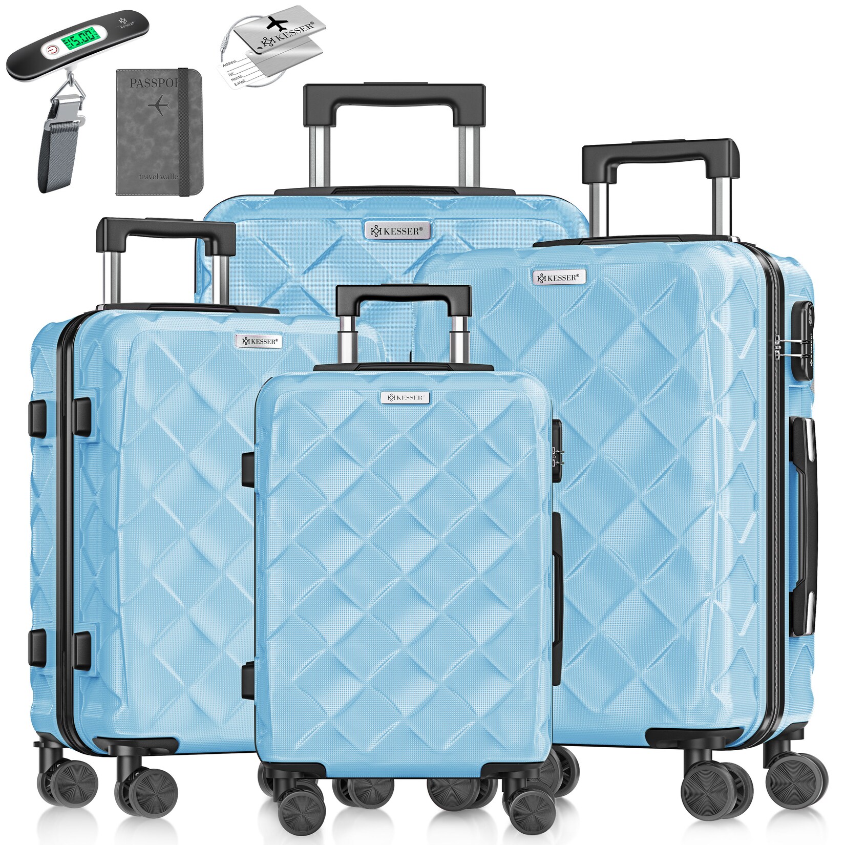 ® Reisekoffer Set 4-teilig   Kofferset ABS Hartschalenkoffer mit Zahlenschloss, Kofferwaage & Reisebrieftasche 360° Rollen   Handgepäck & große Koffer für Business & Reise Trolley