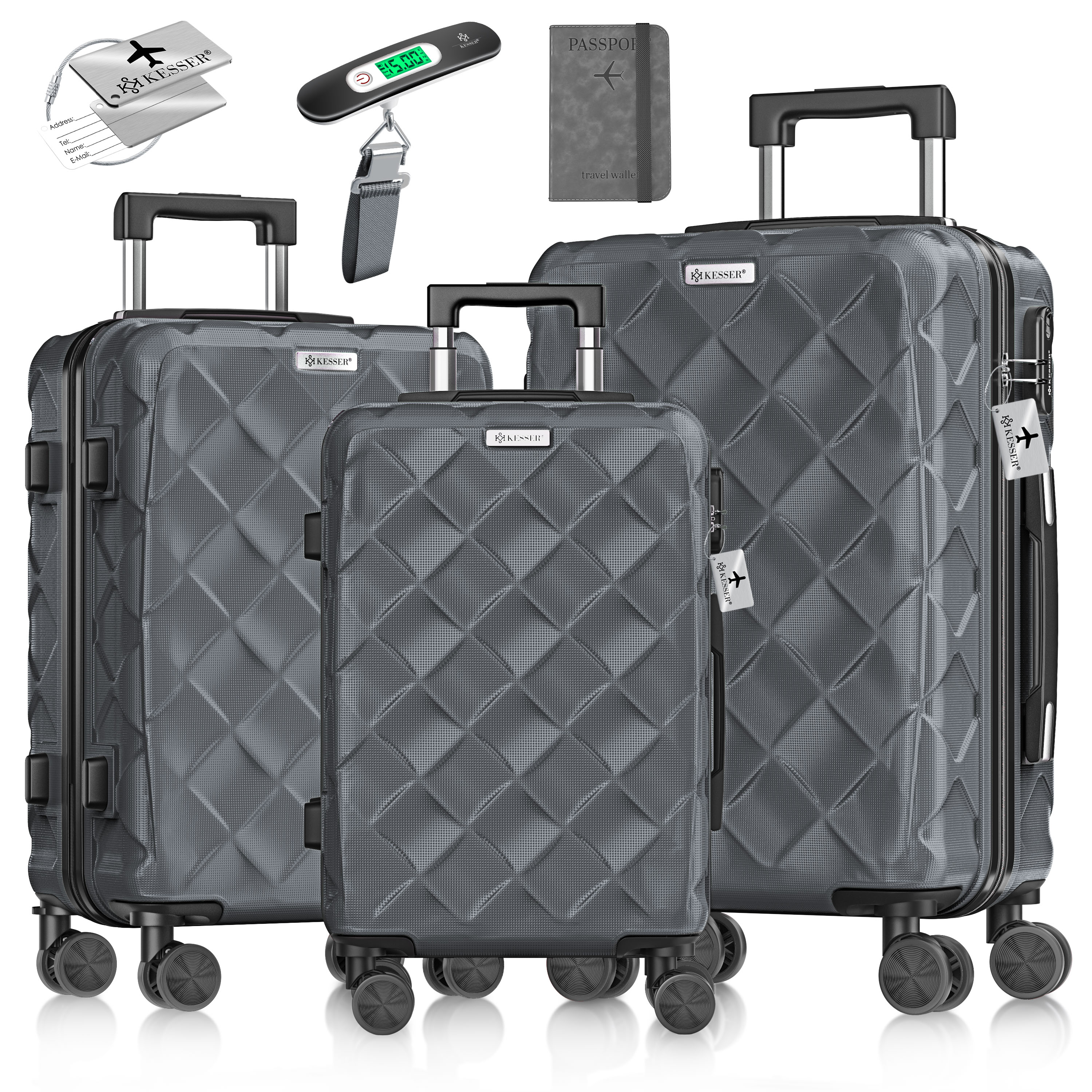 KESSER&reg; Reisekoffer Set 3-teilig | Kofferset ABS Hartschalenkoffer mit Zahlenschloss, Kofferwaage & Reisebrieftasche 360&deg; Rollen | Handgep&auml;ck & gro&szlig;e Koffer f&uuml;r Business & Reise Trolley 