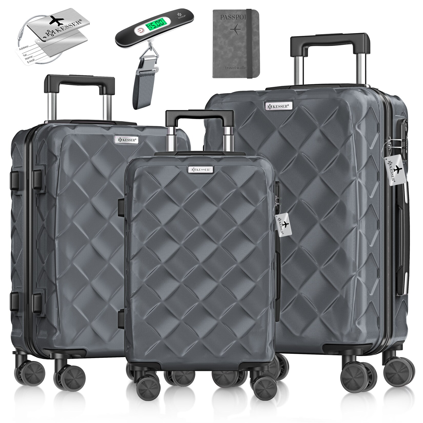® Reisekoffer Set 3-teilig   Kofferset ABS Hartschalenkoffer mit Zahlenschloss, Kofferwaage & Reisebrieftasche 360° Rollen   Handgepäck & große Koffer für Business & Reise Trolley