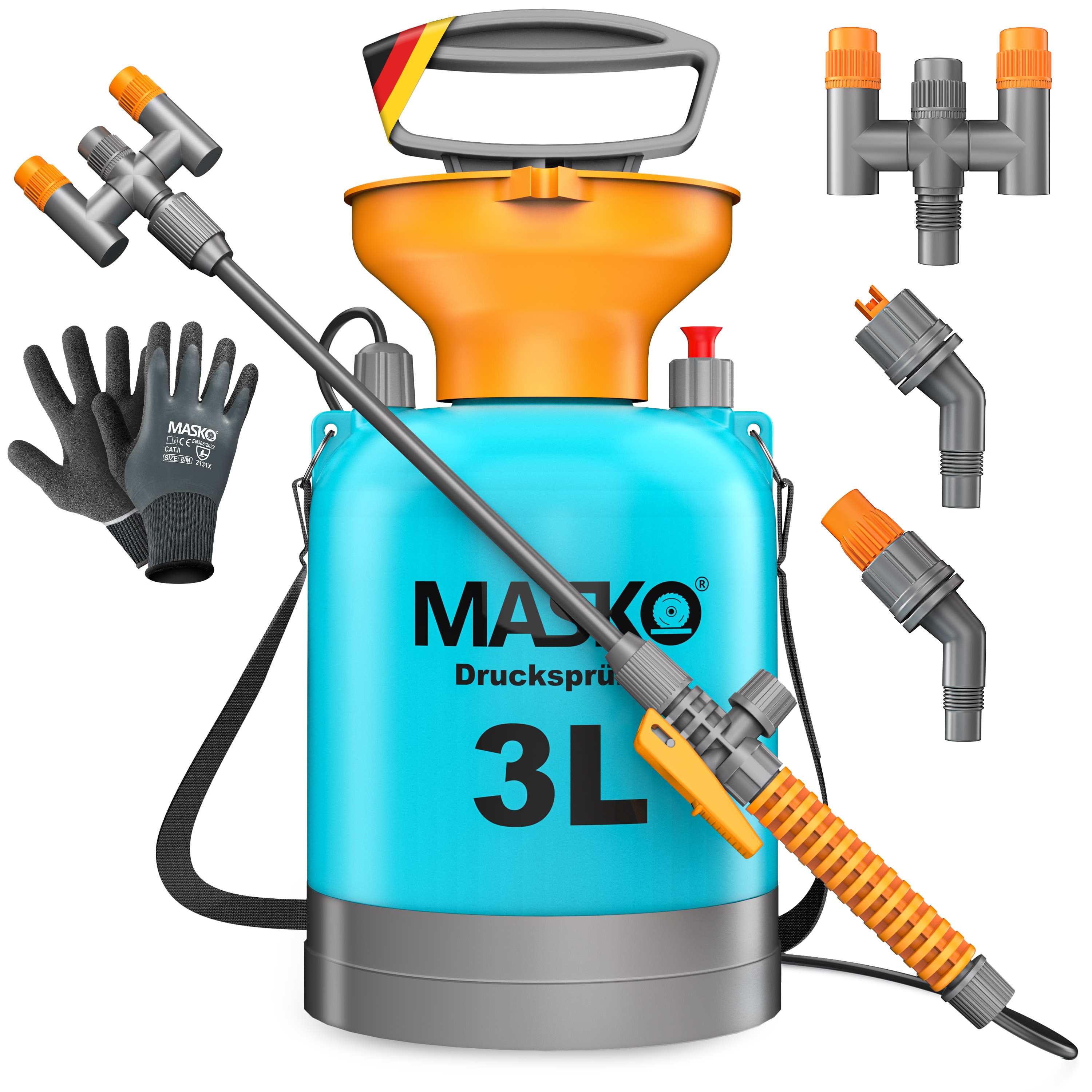 MASKO&reg; Druckspr&uuml;her s&auml;urebest&auml;ndiges Druckspr&uuml;hger&auml;t 3/5L F&uuml;llinhalt mit verstellbaren D&uuml;sen & 1,3m Schlauch Spr&uuml;hger&auml;t f&uuml;r Pflanzenschutz, Garten & Auto | Pumpspr&uuml;hflasche mit Tragegurt & Handschuhe 