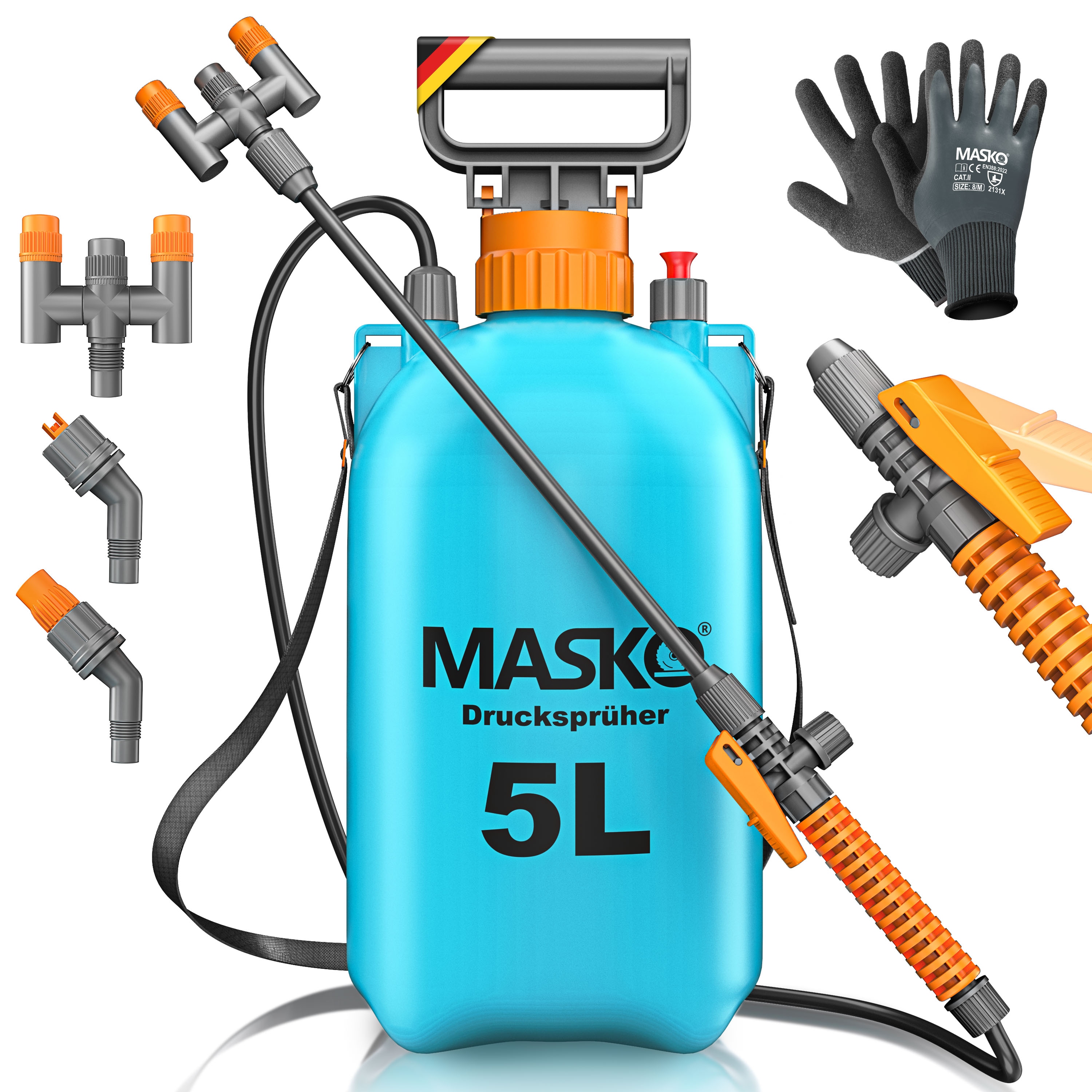 MASKO&reg; Druckspr&uuml;her s&auml;urebest&auml;ndiges Druckspr&uuml;hger&auml;t 3/5L F&uuml;llinhalt mit verstellbaren D&uuml;sen & 1,3m Schlauch Spr&uuml;hger&auml;t f&uuml;r Pflanzenschutz, Garten & Auto | Pumpspr&uuml;hflasche mit Tragegurt & Handschuhe 