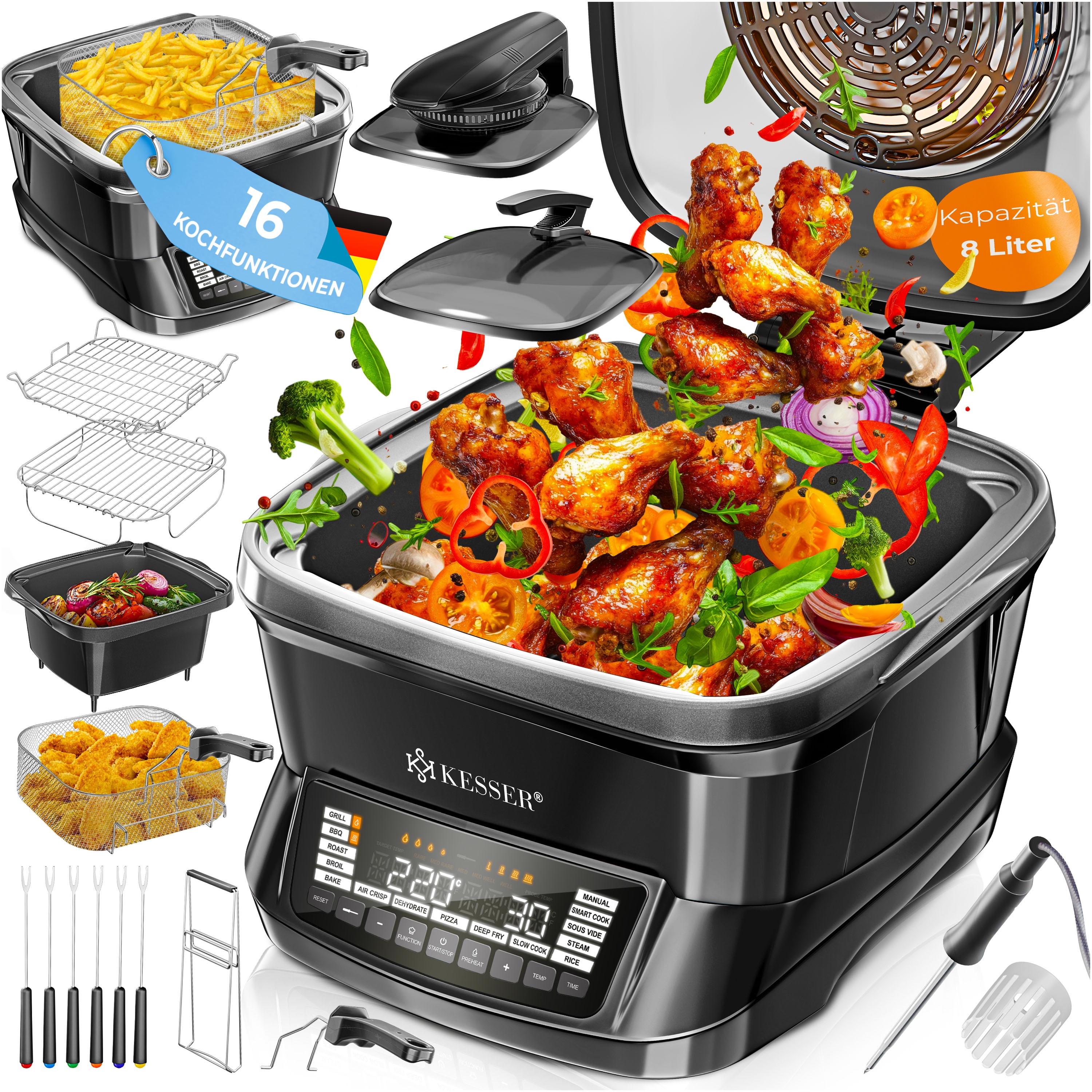 KESSER&reg; Multikocher K&uuml;chenger&auml;t 8L & 16 Programme - Grillen, Backen, Schmoren, Dampfgaren mit Vorheiz- & Warmhaltefunktion, Schnellkochkopf, Hei&szlig;luftfritteuse, Reiskocher, Slow Cooker, Joghurtbereiter 