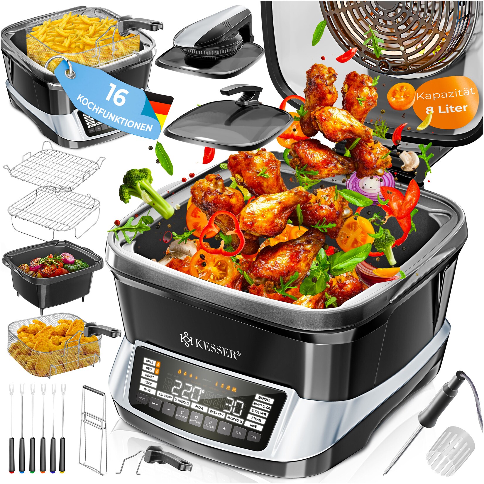 ® Multikocher Küchengerät  & 16 Programme - Grillen, Backen, Schmoren, Dampfgaren mit Vorheiz- & Warmhaltefunktion, Schnellkochkopf, Heißluftfritteuse, Reiskocher, Slow Cooker, Joghurtbereiter