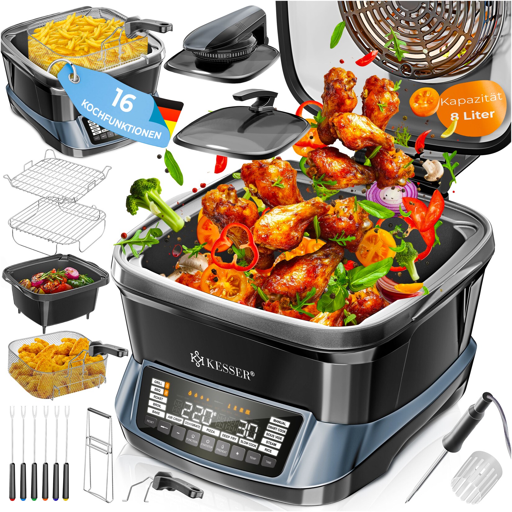 ® Multikocher Küchengerät  & 16 Programme - Grillen, Backen, Schmoren, Dampfgaren mit Vorheiz- & Warmhaltefunktion, Schnellkochkopf, Heißluftfritteuse, Reiskocher, Slow Cooker, Joghurtbereiter