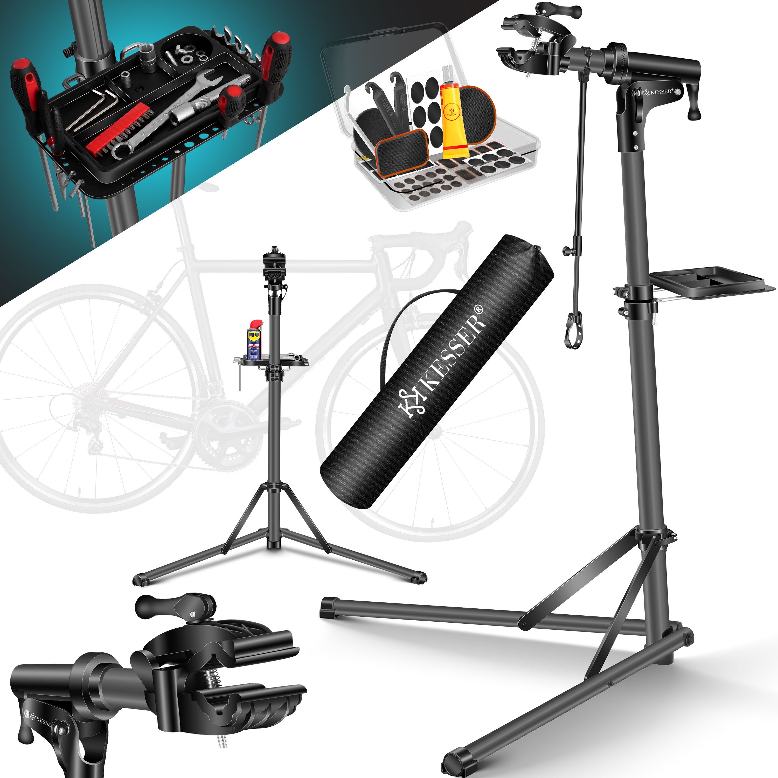 KESSER&reg; Fahrradmontagest&auml;nder Profi Reparaturst&auml;nder Aluminium f&uuml;r Fahrr&auml;der Mountainbikes E-bike Schwerlast-Montagest&auml;nder Fahrradst&auml;nder  +Tasche mit Schnelll&ouml;sevorrichtungen Klemmkopf 360&deg; drehbar 