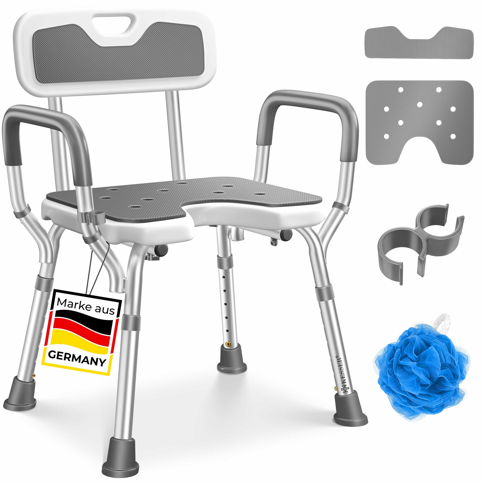® Duschhocker mit Lehne höhenverstellbar in 6 Stufen 38-54cm   Badhocker  belastbar Duschstuhl Anti-Rutsch Füße & Matten   Duschhilfe Senioren & Schwangere Duschsitz mit Brausehalterung
