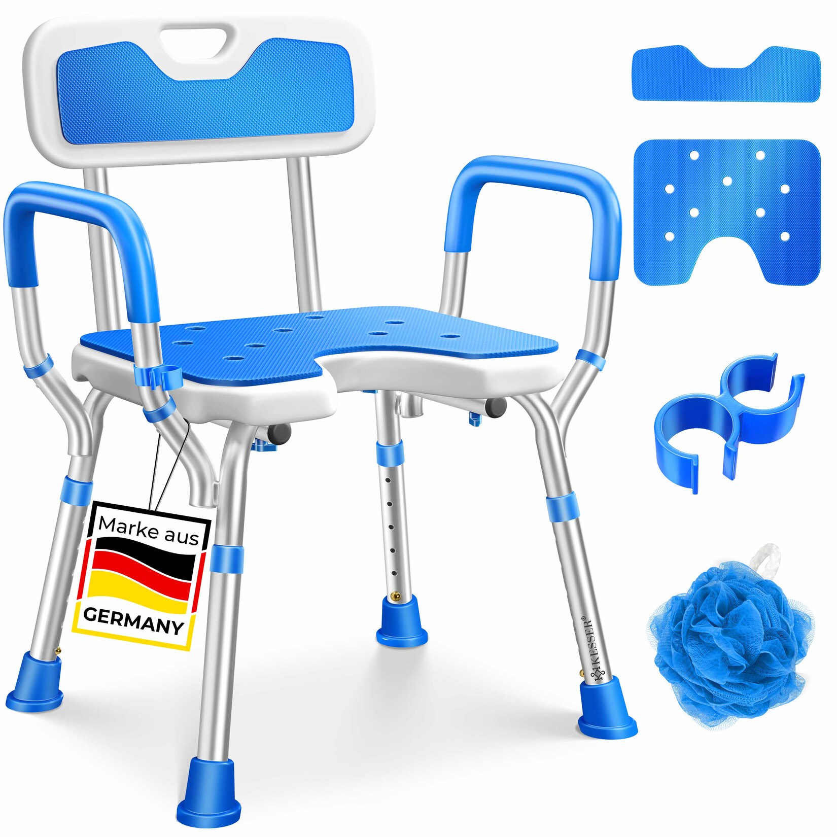 ® Duschhocker mit Lehne höhenverstellbar in 6 Stufen 38-54cm   Badhocker  belastbar Duschstuhl Anti-Rutsch Füße & Matten   Duschhilfe Senioren & Schwangere Duschsitz mit Brausehalterung