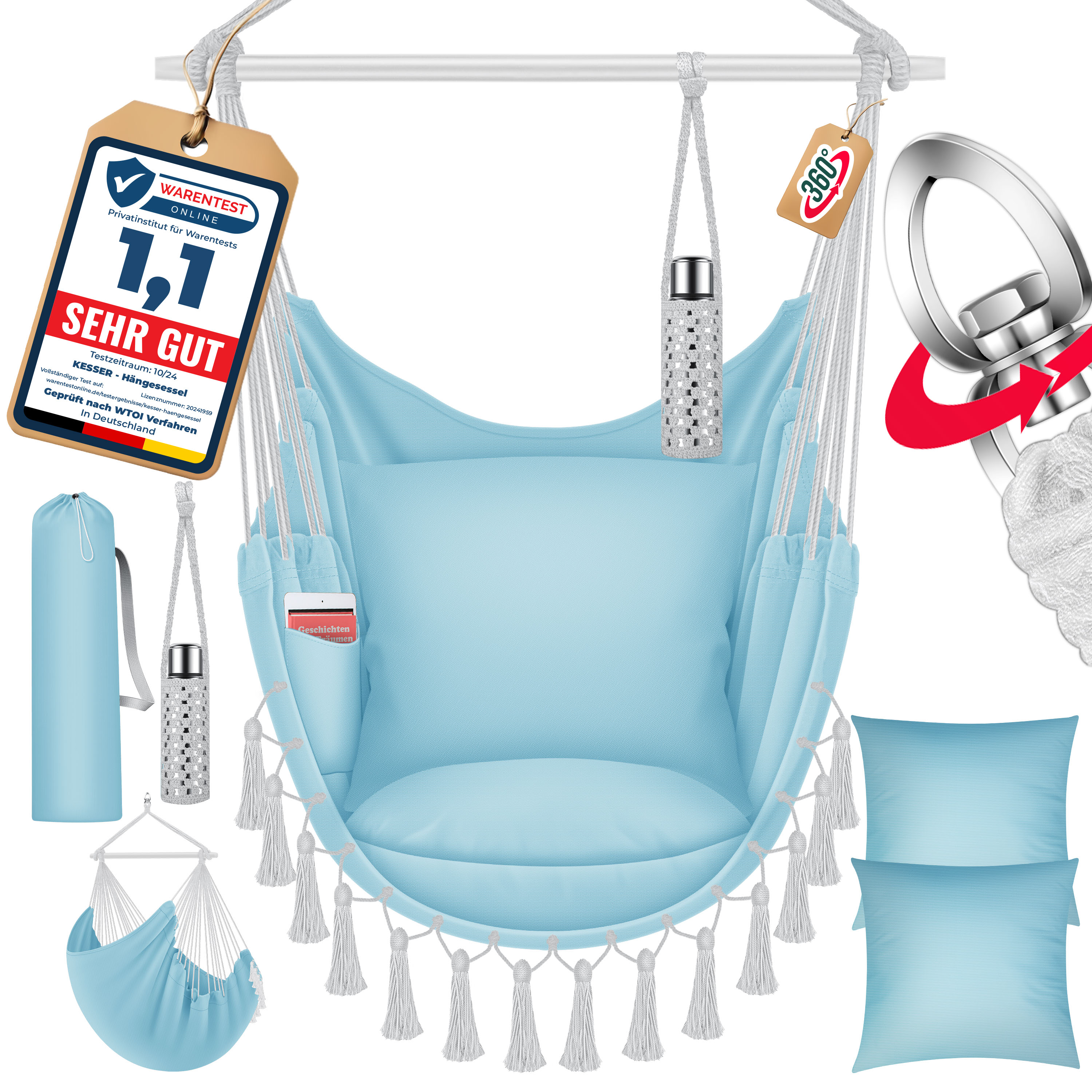 KESSER&reg; H&auml;ngesessel mit 2 Kissen Getr&auml;nkehalter & B&uuml;cherfach - Safari XXL H&auml;ngestuhl f&uuml;r Erwachsene & Kinder H&auml;ngematte bis 150 kg H&auml;ngesitz Aufh&auml;ngung Indoor & Outdoor Wohn & Garten Terrasse 