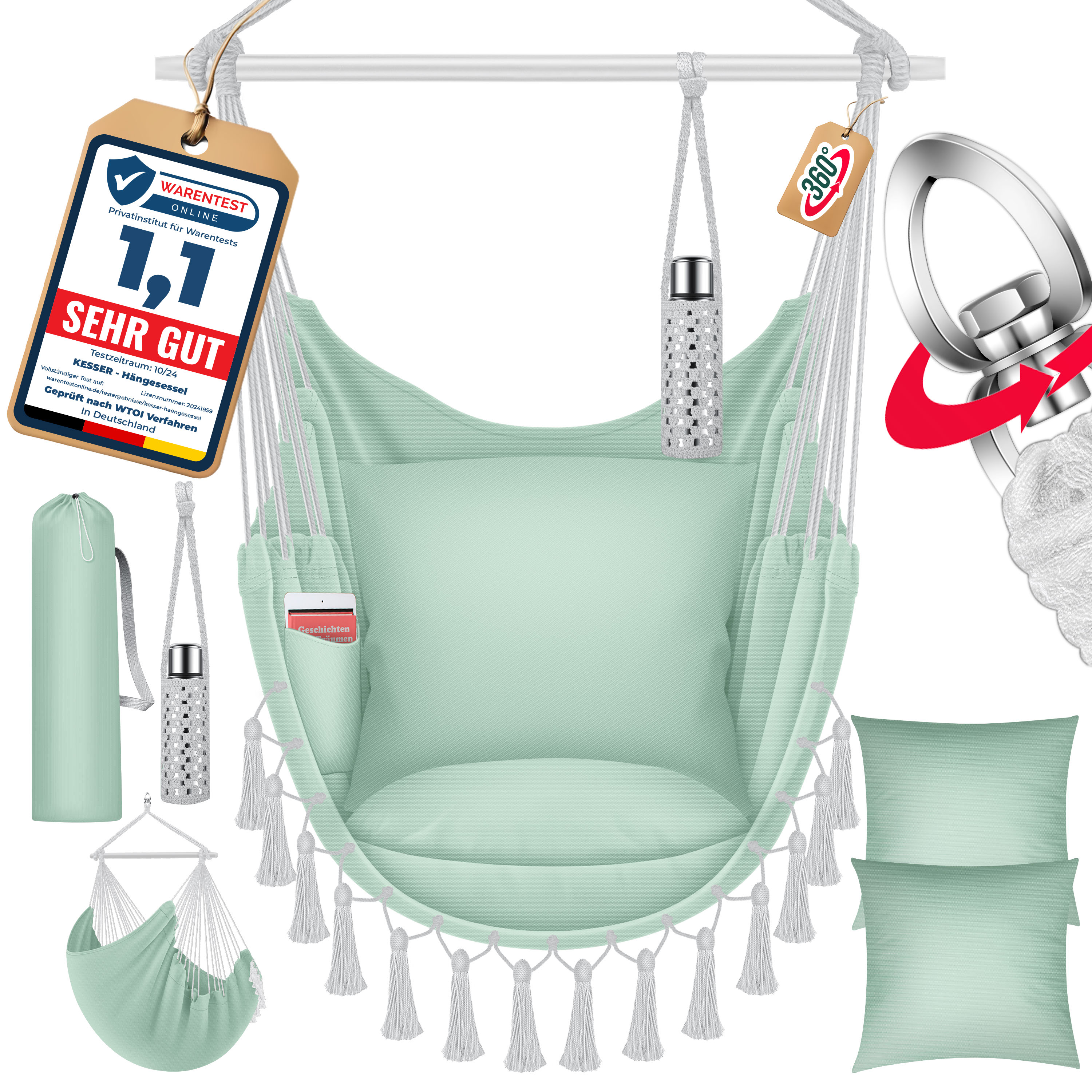 KESSER&reg; H&auml;ngesessel mit 2 Kissen Getr&auml;nkehalter & B&uuml;cherfach - Safari XXL H&auml;ngestuhl f&uuml;r Erwachsene & Kinder H&auml;ngematte bis 150 kg H&auml;ngesitz Aufh&auml;ngung Indoor & Outdoor Wohn & Garten Terrasse 