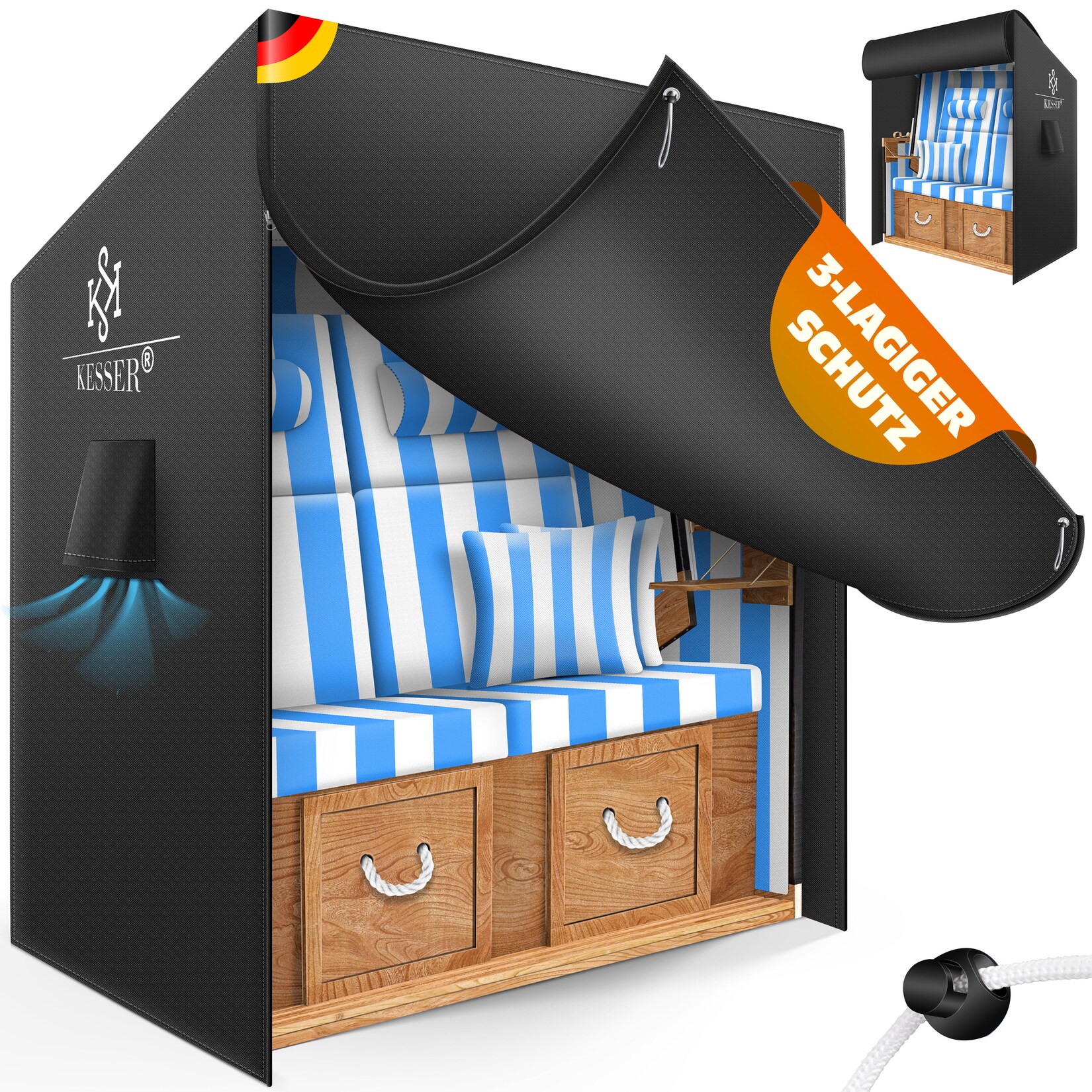 ® Premium Strandkorb Schutzhülle mit Belüftungsöffnungen, Strandkorbhülle Wasserdicht, Winterfest UV-Beständiges, Schwerlast Reißfest 600D Oxford Gewebe Abdeckung (135x100x160/150cm)