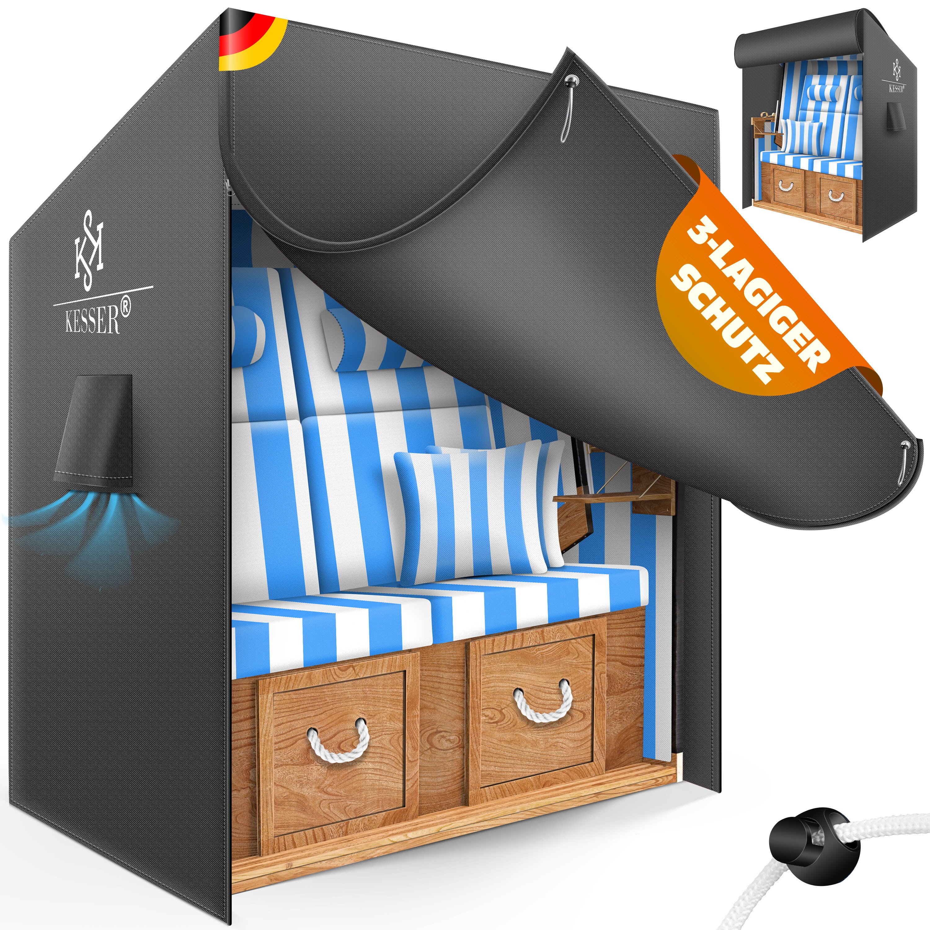 KESSER&reg; Premium Strandkorb Schutzh&uuml;lle mit Bel&uuml;ftungs&ouml;ffnungen, Strandkorbh&uuml;lle Wasserdicht, Winterfest UV-Best&auml;ndiges, Schwerlast Rei&szlig;fest 600D Oxford Gewebe Abdeckung (135x100x160/150cm) 