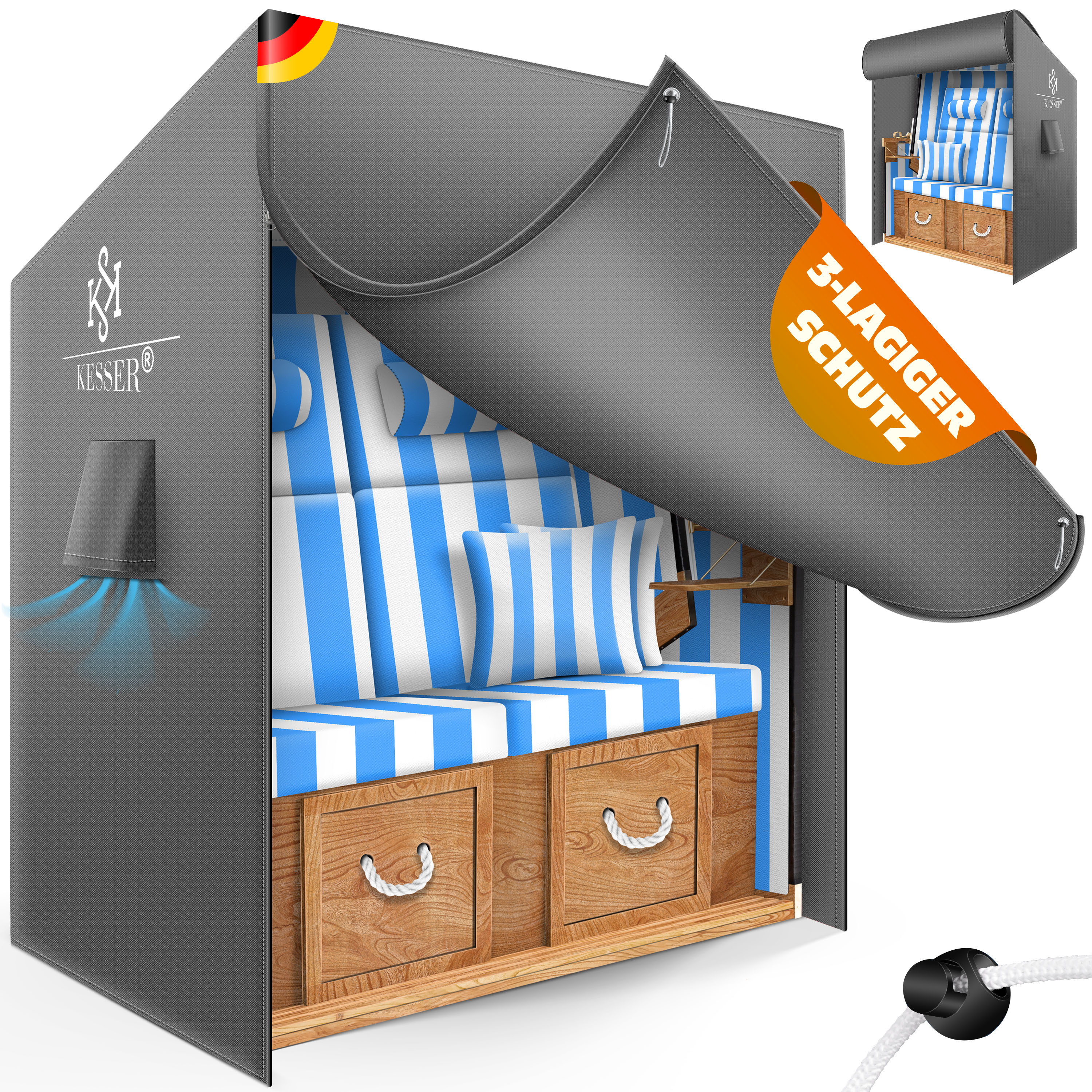 KESSER&reg; Premium Strandkorb Schutzh&uuml;lle mit Bel&uuml;ftungs&ouml;ffnungen, Strandkorbh&uuml;lle Wasserdicht, Winterfest UV-Best&auml;ndiges, Schwerlast Rei&szlig;fest 600D Oxford Gewebe Abdeckung (135x100x160/150cm) 