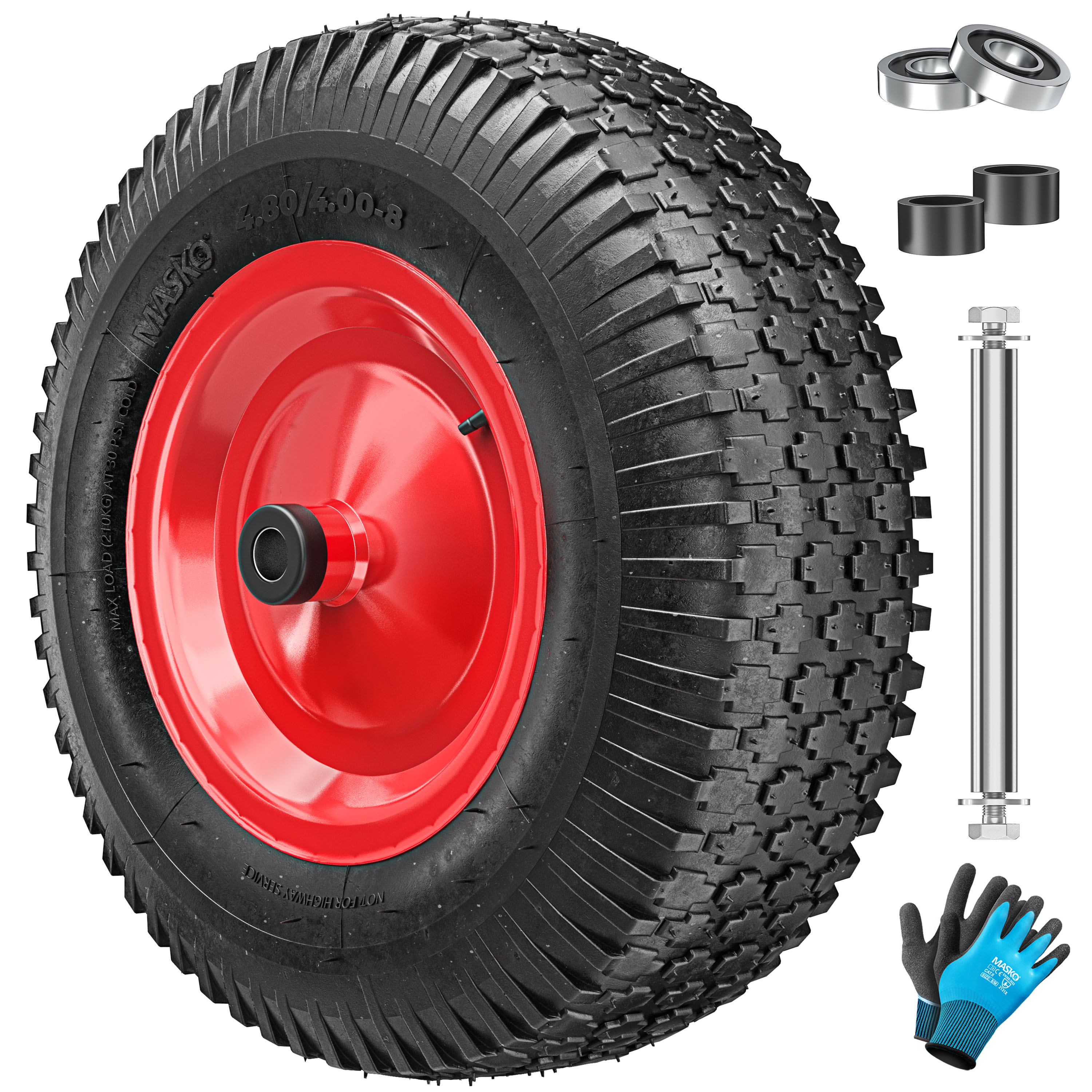 MASKO&reg; Schubkarrenrad Luftbereifung 250kg Traglast Ersatzrad f&uuml;r Schubkarre Gartenkarre 40cm / 15,6" extrabreit 9,5cm Luft-Rad pannensicheres Reifen mit Stahlfelge & Handschuhe Karbonstahl-Kugellager 