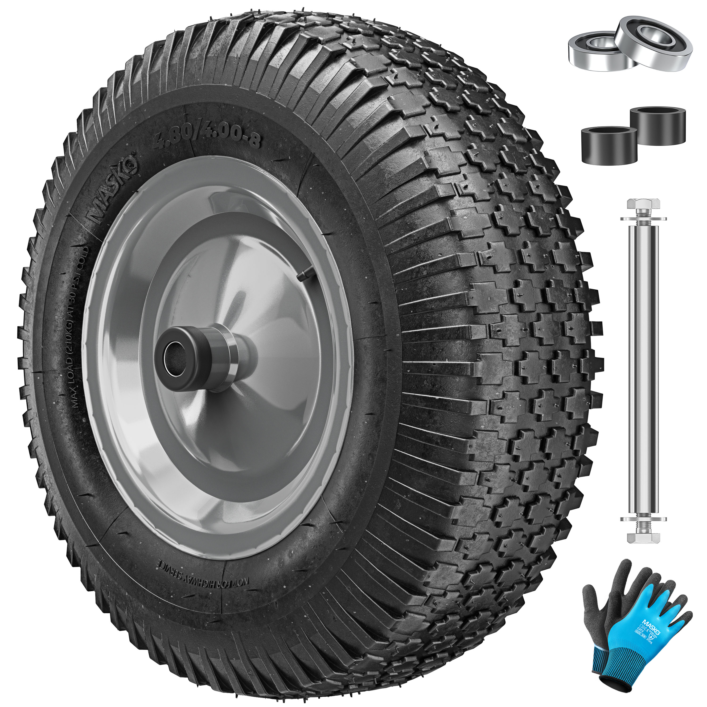 MASKO&reg; Schubkarrenrad Luftbereifung 250kg Traglast Ersatzrad f&uuml;r Schubkarre Gartenkarre 40cm / 15,6" extrabreit 9,5cm Luft-Rad pannensicheres Reifen mit Stahlfelge & Handschuhe Karbonstahl-Kugellager 