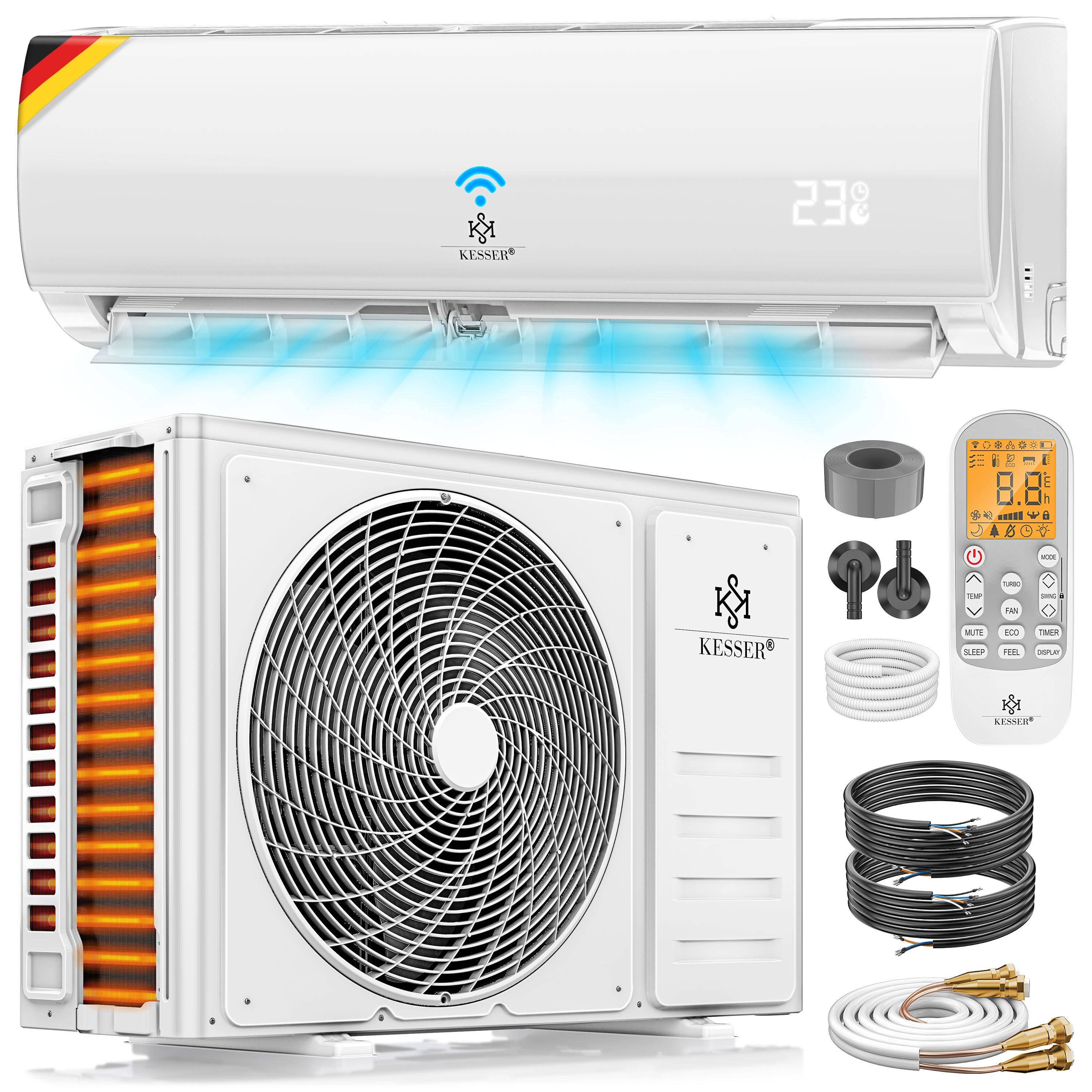 KESSER&reg; Split Klimaanlage Set Quick Connect 9000 / 12000 BTU  &ndash; WiFi & App Klimager&auml;t mit Heizfunktion & K&uuml;hlmodus Wandklimaanlage, mit Kupferleitung K&auml;ltemittel R32, komplettem Montagematerial 