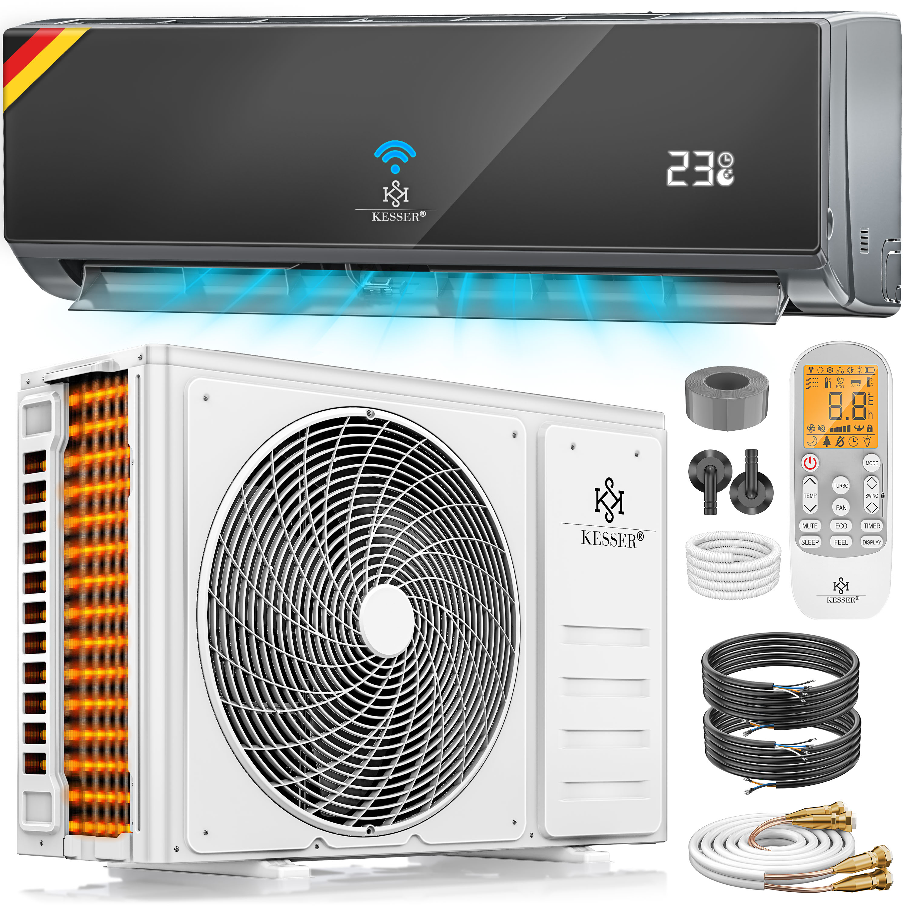 KESSER&reg; Split Klimaanlage Set Quick Connect 9000 / 12000 BTU  &ndash; WiFi & App Klimager&auml;t mit Heizfunktion & K&uuml;hlmodus Wandklimaanlage, mit Kupferleitung K&auml;ltemittel R32, komplettem Montagematerial 