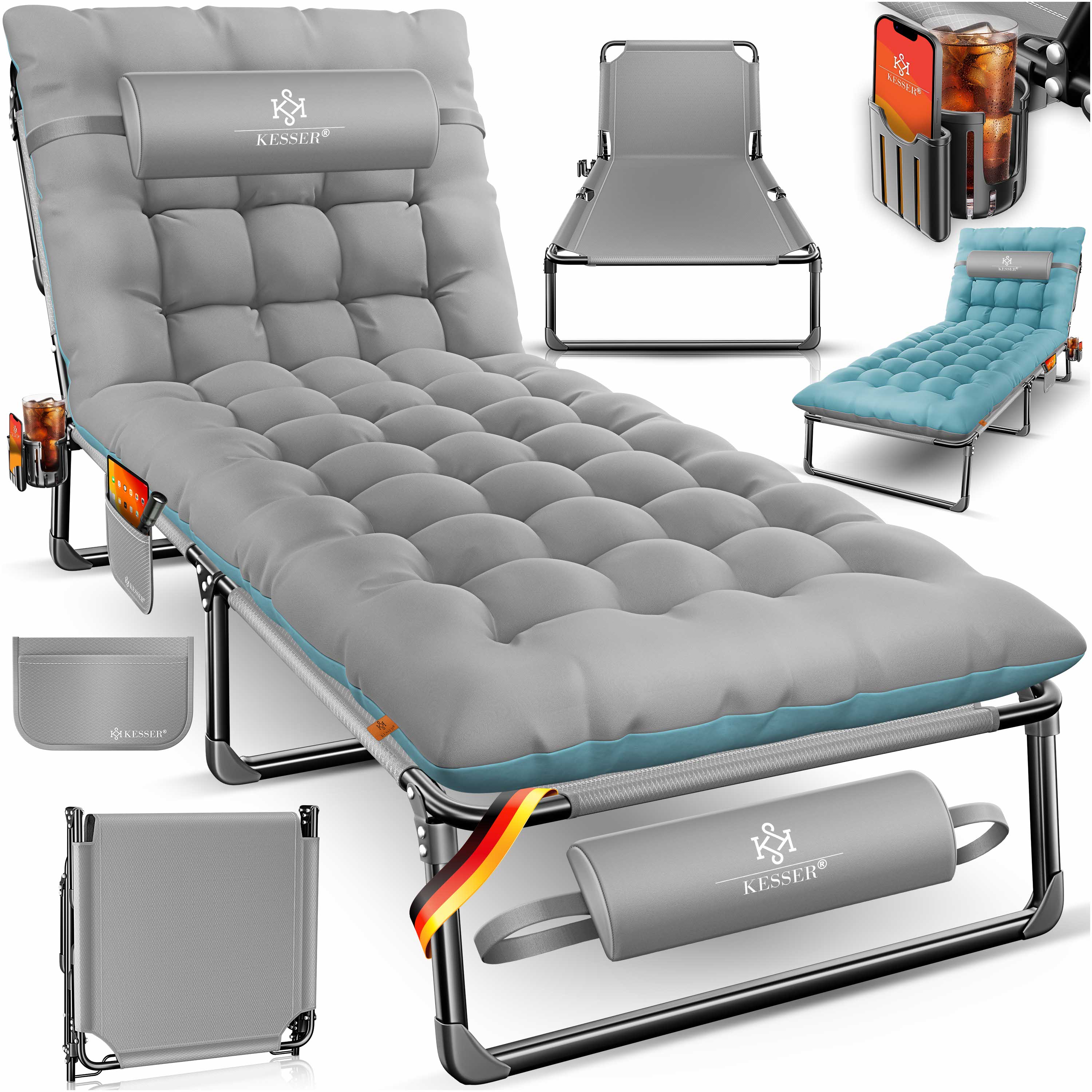 KESSER&reg; Campingbett klappbar mit Tragetasche, Nackenkissen, Vakuumtasche & Getr&auml;nkehalter, 190 x 68 x 30 cm bis 250 kg belastbar, aus  Oxford-Gewebe und stabilem Stahlger&uuml;st, ideal f&uuml;r Garten Camping 