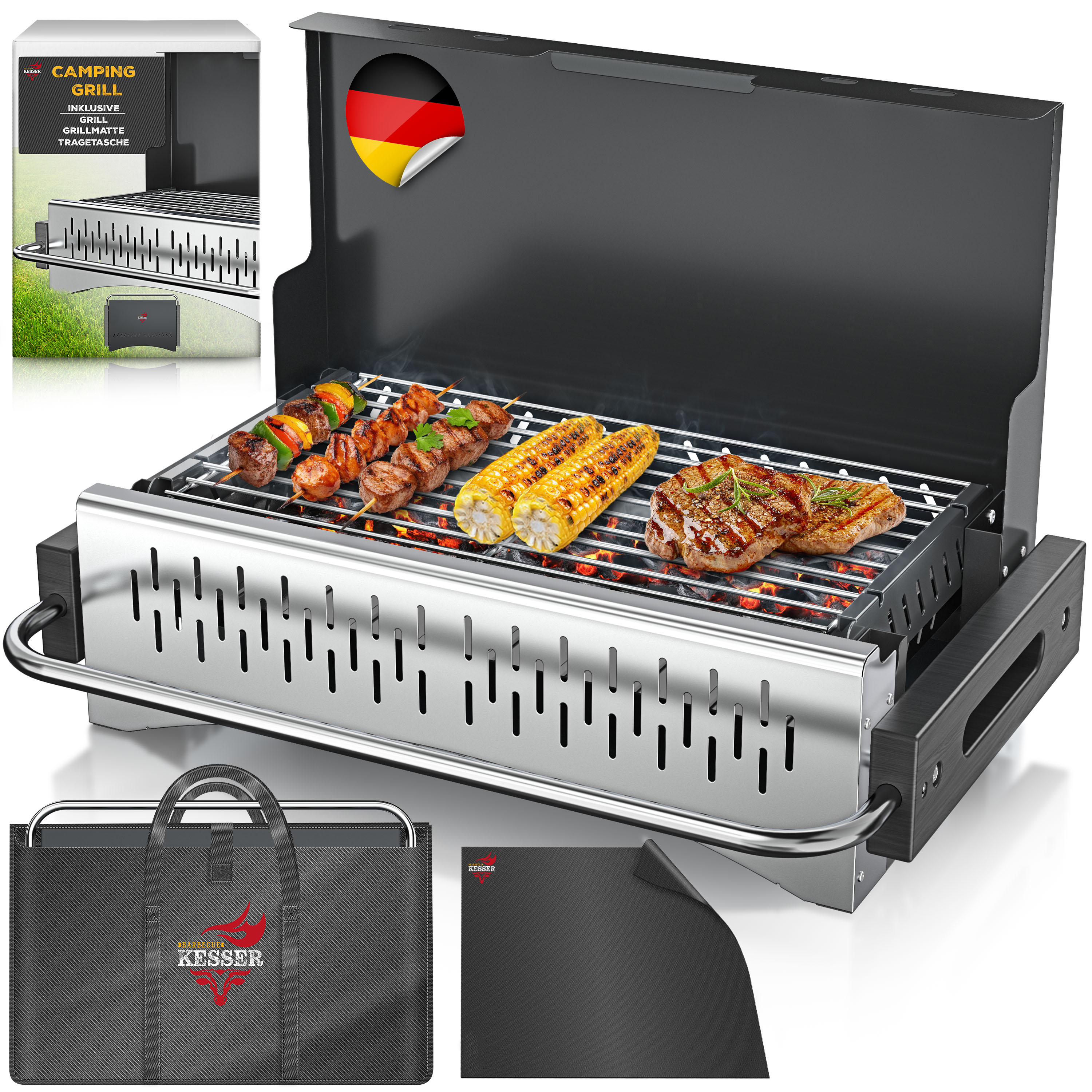 KESSER&reg; Klappgrill tragbarer Camping Grill | Holzkohlegrill aus&nbsp;pulverbeschichtetem Stahl&nbsp;inklusive Grillrost, Grillmatte & Tragetasche | Faltbar BBQ ideal f&uuml;r Camping, Picknick & Angeln 