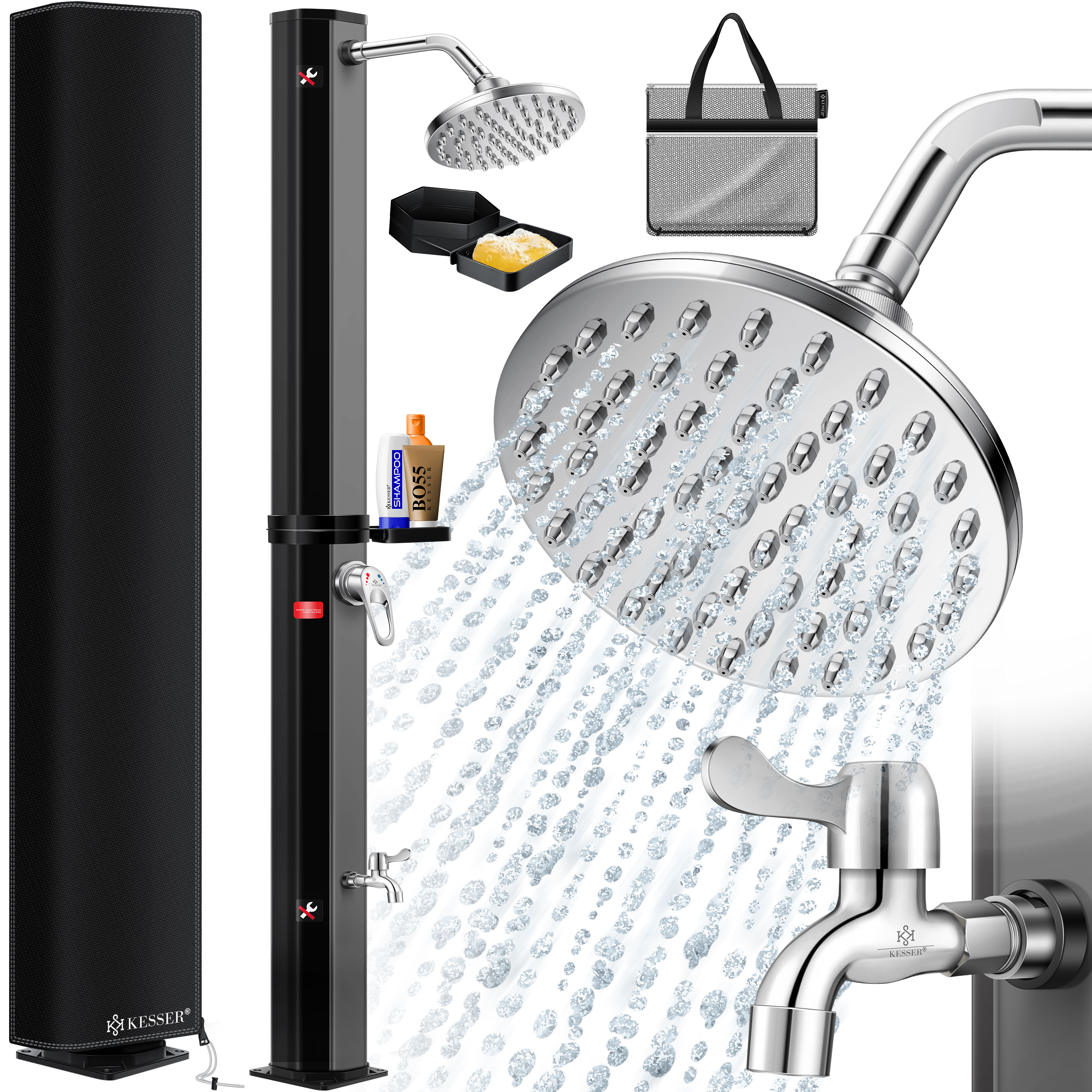 KESSER&reg; Solardusche 35 Liter Solar Gartendusche + Metall-Duschablage | warmes Wasser |  max. 60&deg;C | ohne Stromanschluss | Pooldusche Camping| Regenduschkopf und Wasserhahn | Gartenschlauch-Anschluss | 