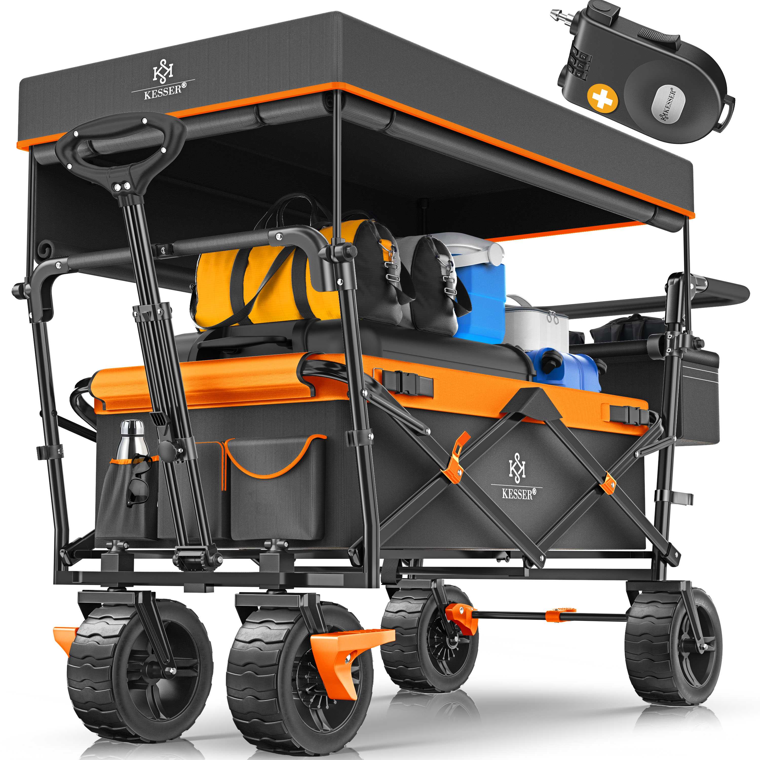 KESSER&reg; Bollerwagen faltbar GT9000 Handwagen mit Dach | Transportwagen max. belastbar bis 150kg mit Hartgummi-R&auml;der & Feststellbremsen (Vorne & Hinten) | Inkl. Abdeckung, Wetter & Sichtschutz 