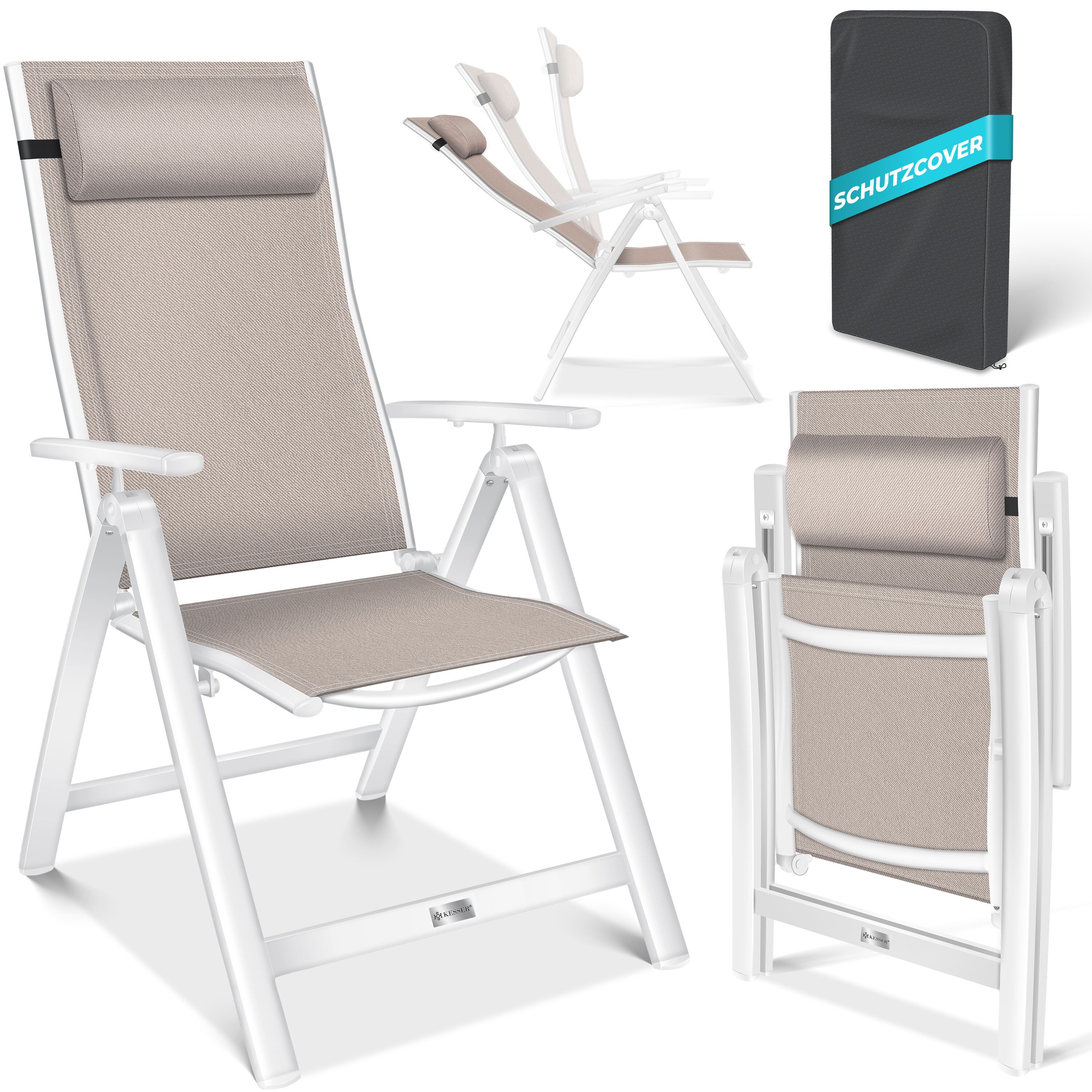 KESSER&reg; Gartenstuhl Hochlehner mit Armlehnen | Aluminium Klappstuhl inkl. Kopfkissen Campingstuhl 7-Fach Verstellbar R&uuml;ckenlehne | Atmungsaktiv & Wetterfest | Klappbar & Anti-Rutsch 