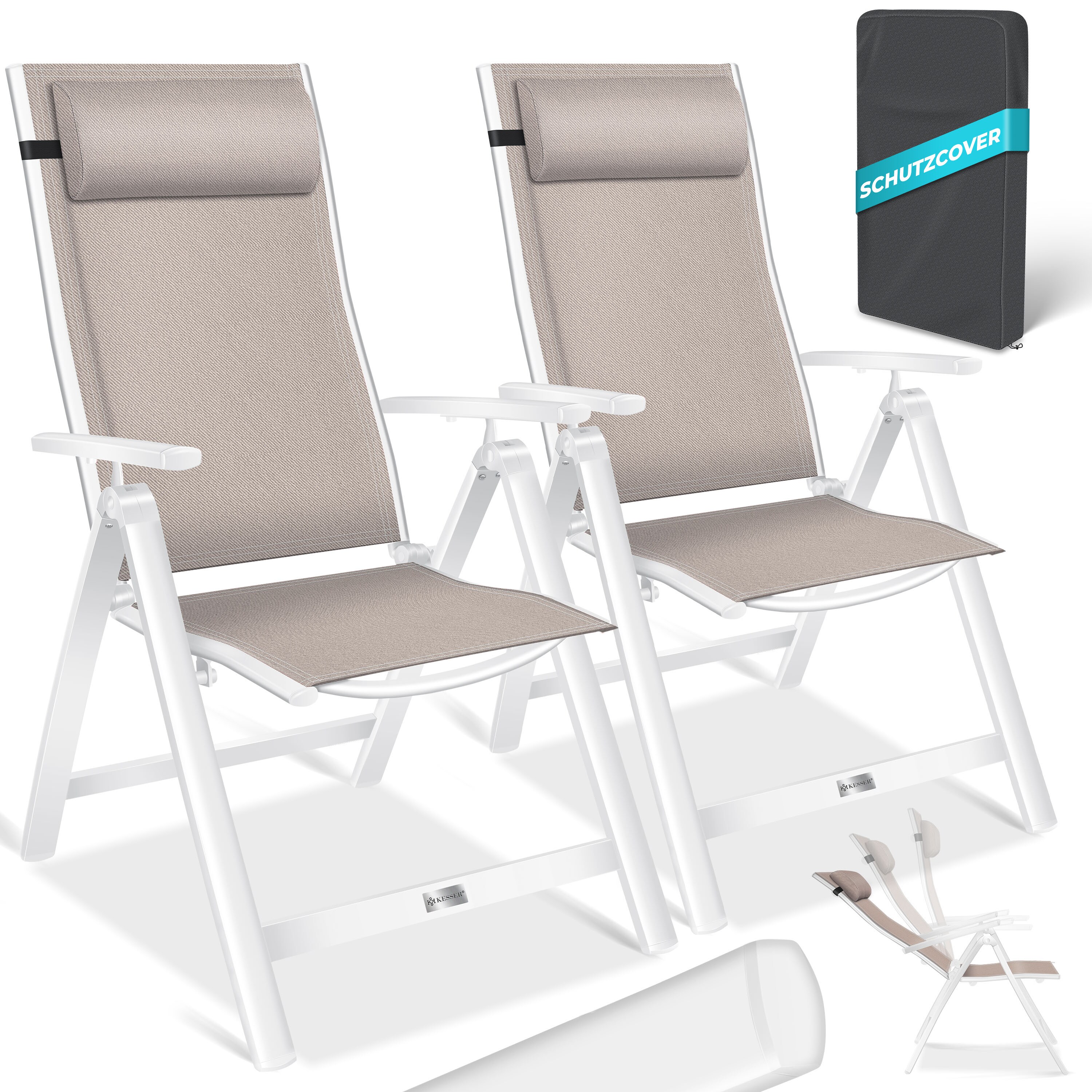 KESSER&reg; Gartenstuhl Hochlehner mit Armlehnen | Aluminium Klappstuhl inkl. Kopfkissen Campingstuhl 7-Fach Verstellbar R&uuml;ckenlehne | Atmungsaktiv & Wetterfest | Klappbar & Anti-Rutsch 