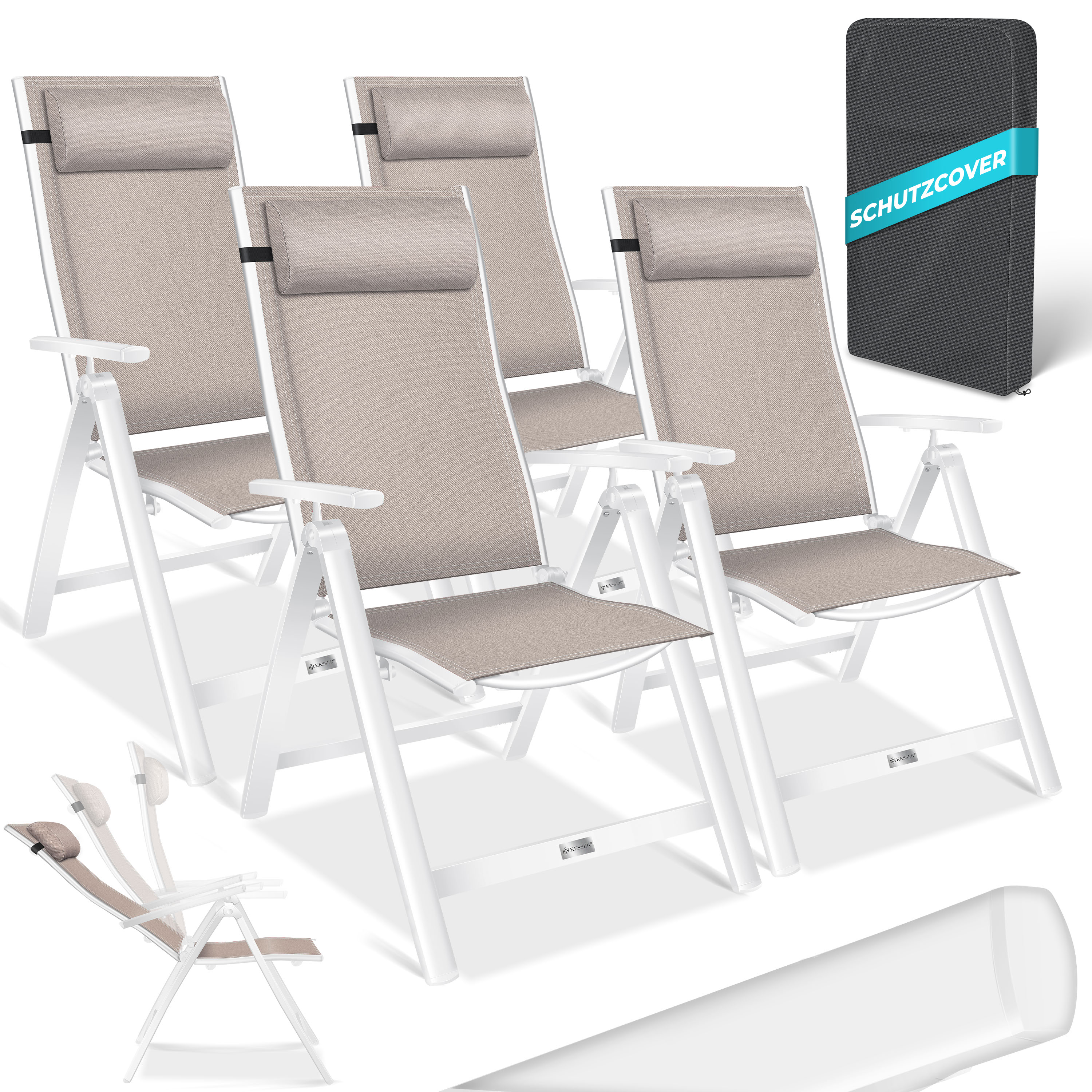 KESSER&reg; Gartenstuhl Hochlehner mit Armlehnen | Aluminium Klappstuhl inkl. Kopfkissen Campingstuhl 7-Fach Verstellbar R&uuml;ckenlehne | Atmungsaktiv & Wetterfest | Klappbar & Anti-Rutsch 