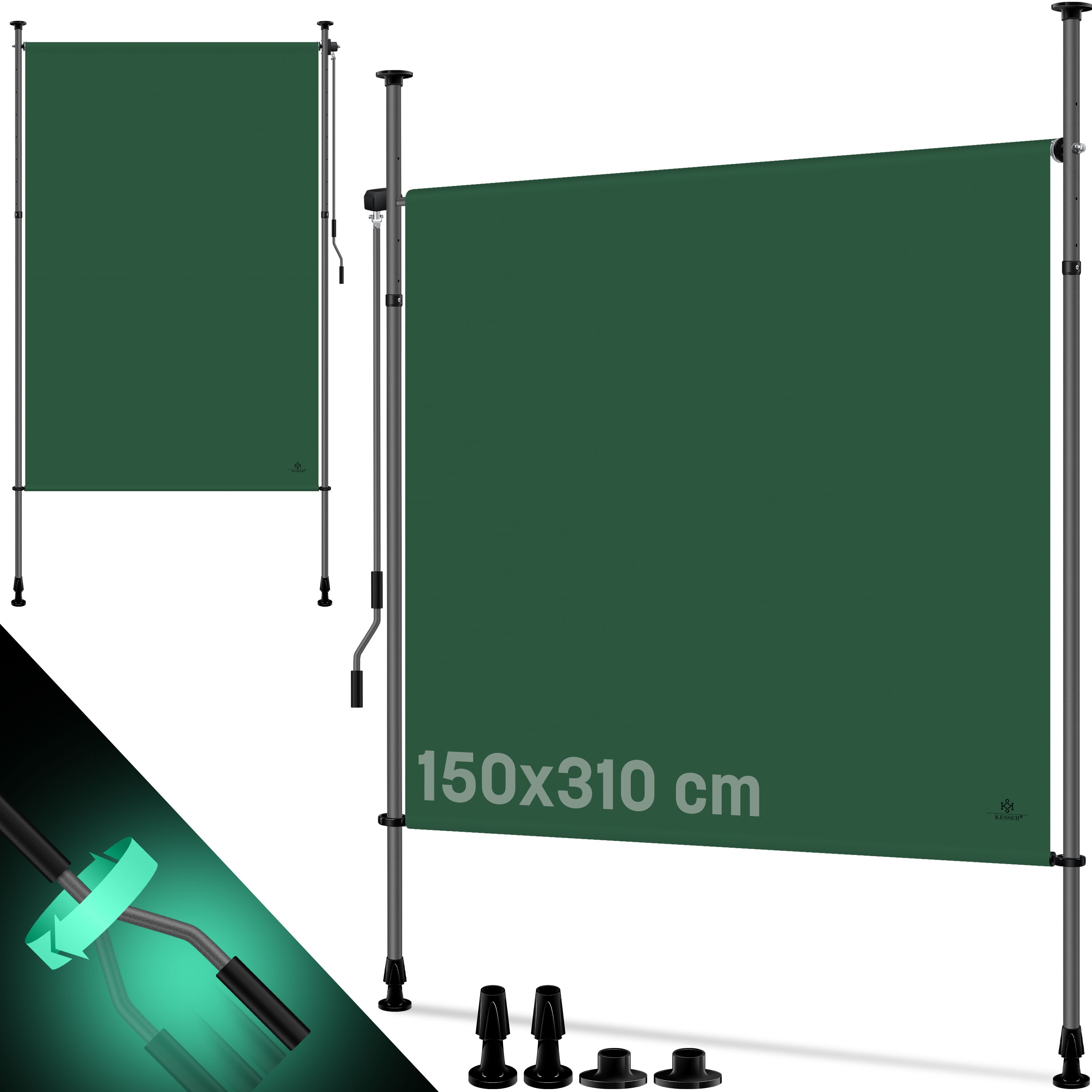 KESSER&reg; Klemmmarkise Senkrechtmarkise au&szlig;en Ausziehbar & Blickdicht | Vertikalmarkise mit Handkurbel ohne Bohren | Balkon-Sichtschutz & Windschutz f&uuml;r Garten & Terrasse Wasserfest 