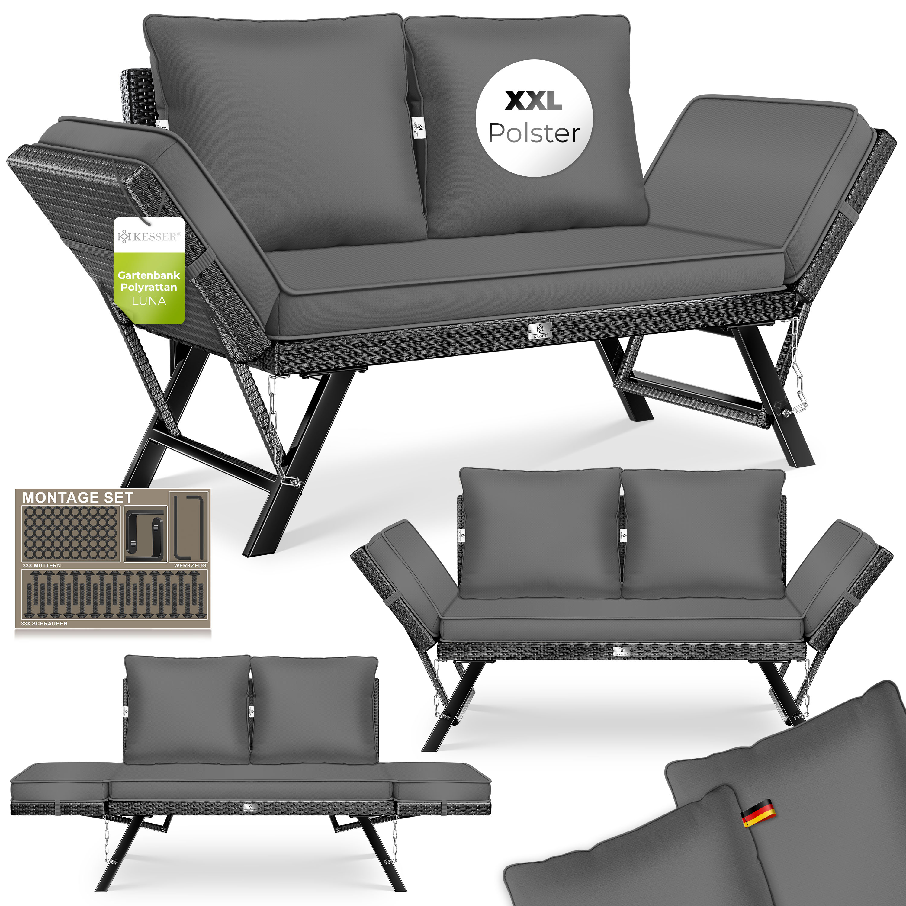KESSER&reg; Gartenbank Polyrattan Luna mit Liegefunktion Gartensofa 4-in-1 Verstellfunktion Gartencouch Wetterfest, Balkonsofa Verstellbare Armlehnen, Extra Dicke & Weiche Polster, Garten/Balkon/Terrasse 