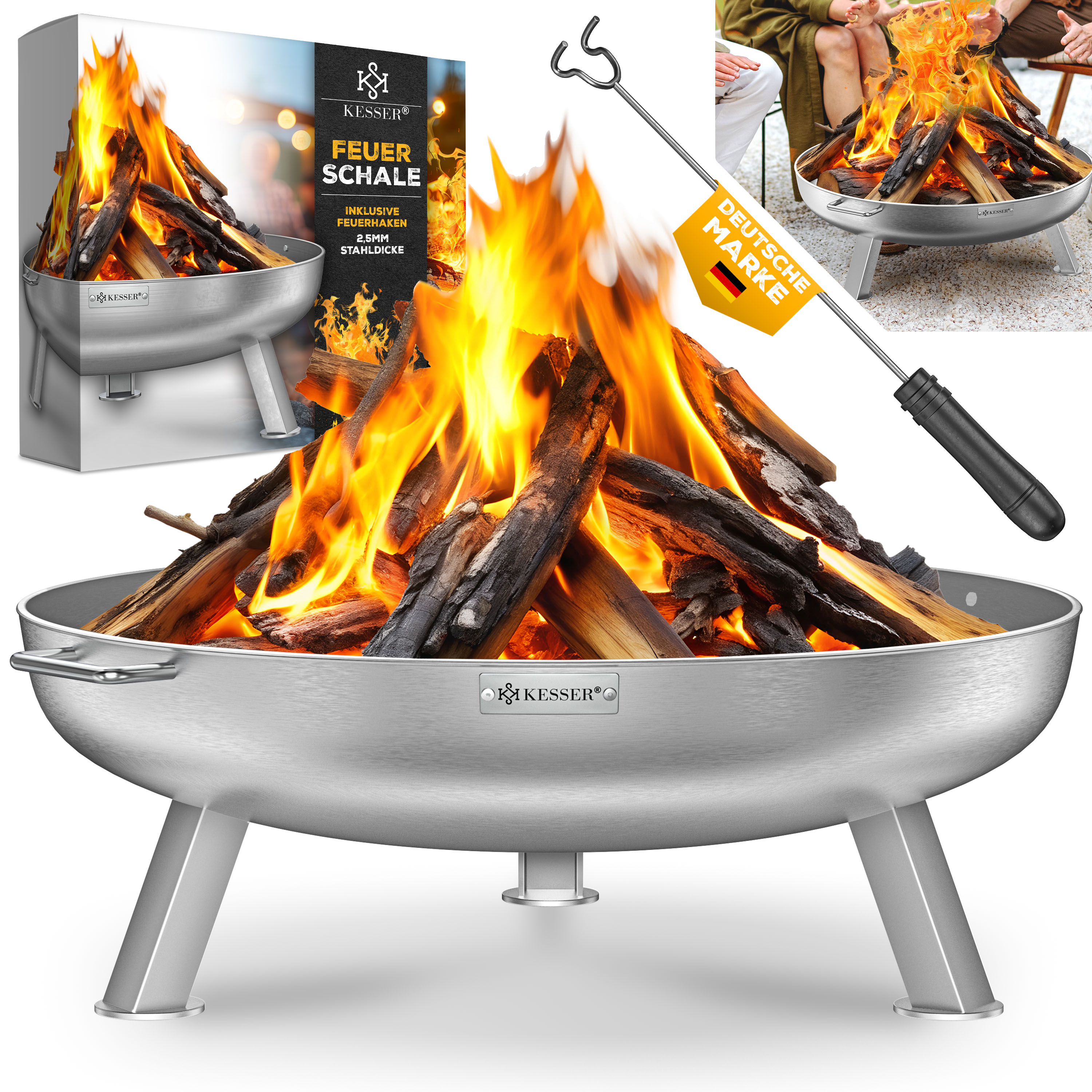 KESSER&reg; Feuerschale mit 2,5 mm Stahldicke Feuerkorb aus Edelstahl / Stahl inklusive 42cm Feuerhaken aus Gusseisen, Wasserablauf & 2 stabile Griffe f&uuml;r Holz & Kohle Feuerstelle f&uuml;r Garten & Terrasse 