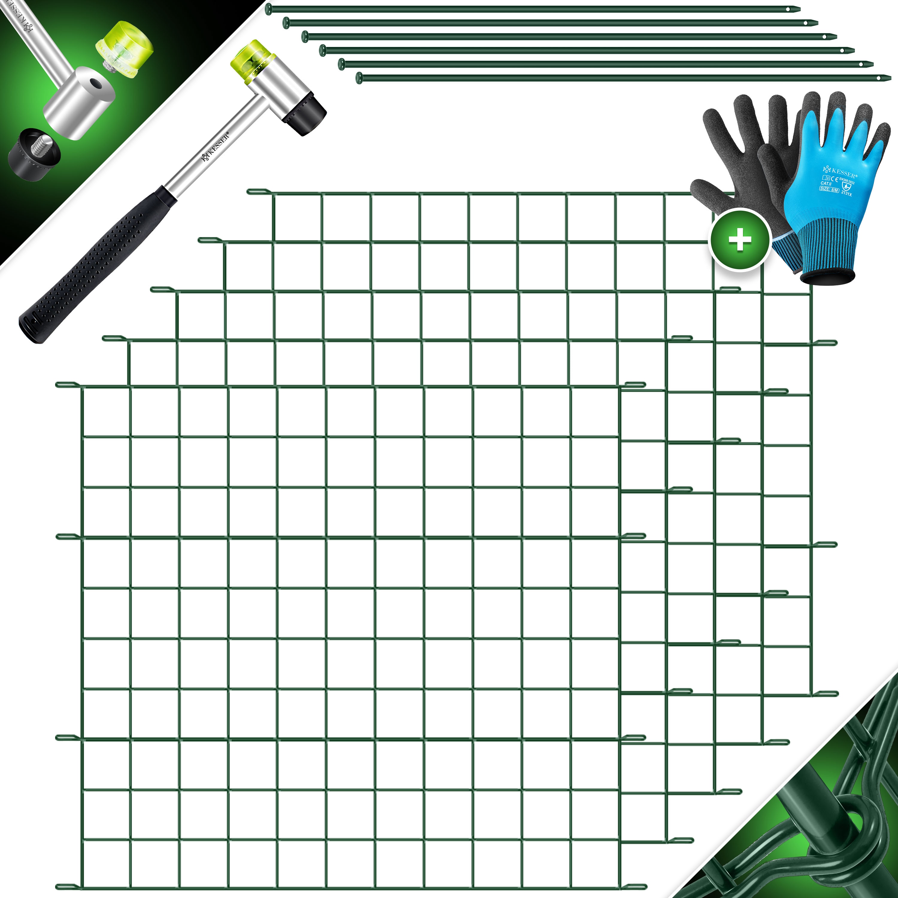 KESSER&reg; Teichzaun Gartenzaun Steckzaun Komplettset Metall Zaunelemente Inkl. Hammer + Befestigungsst&auml;ben, Zaun zum stecken f&uuml;r Garten, Oberbogen Rund Gitterzaun Set Freigehege f&uuml;r Hunde 