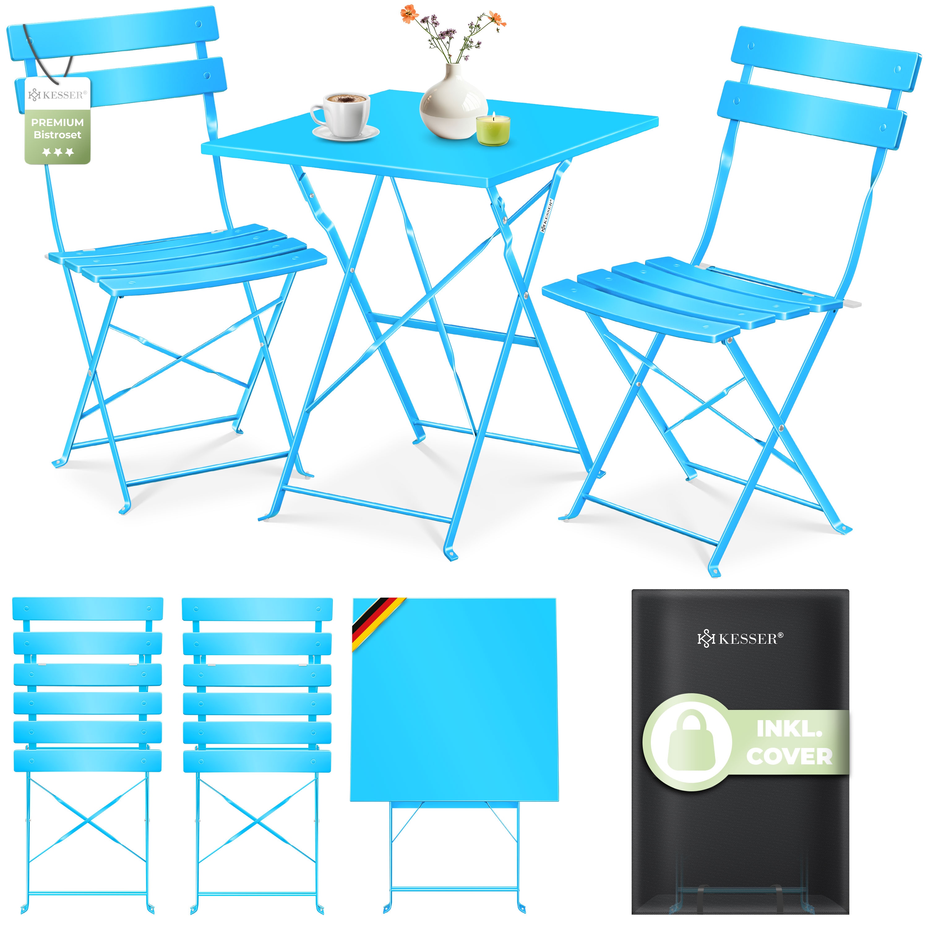 KESSER&reg; Bistroset 3-teilig mit Bistrotisch & 2 Klappbaren St&uuml;hlen | Gartenm&ouml;bel-Set Outdoor Sitzgruppe | UV & wetterbest&auml;ndig Gartentisch | Balkonset bestehend aus Klapptisch & 2x Klappst&uuml;hlen & Cover 