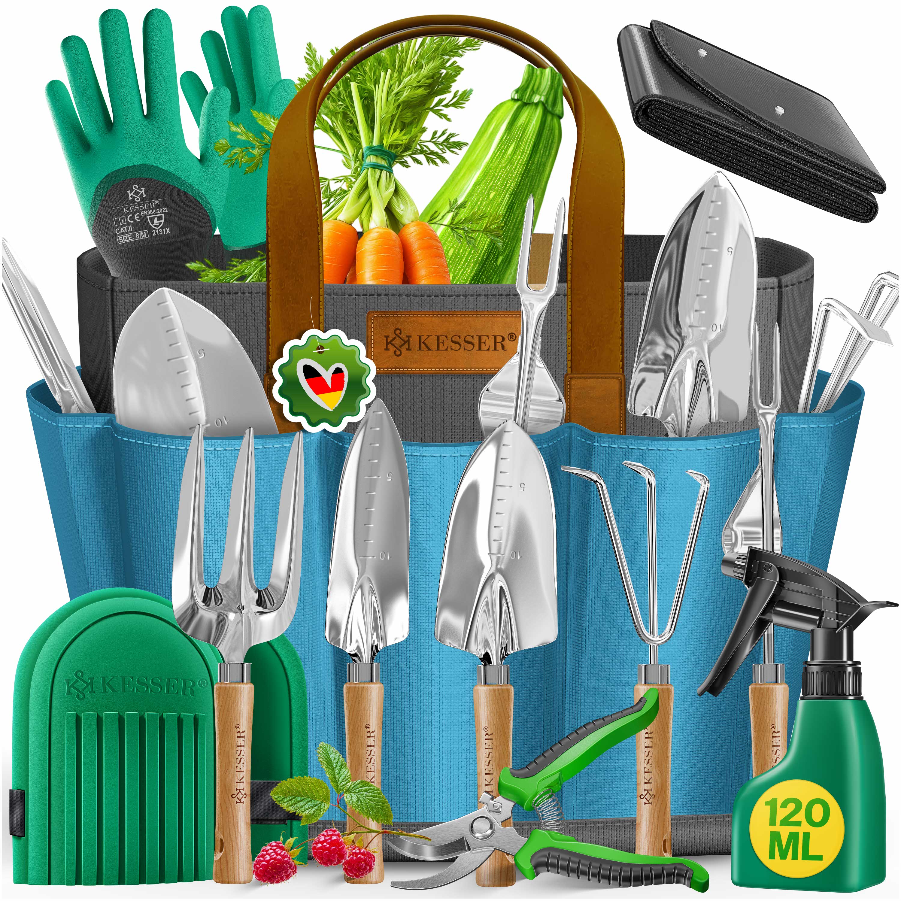 KESSER&reg; Gartenwerkzeug Set 10-teilig mit ergonomischen Holzgriffen inkl. wasserdichte Tasche aus 600D Oxford-Material, Knieschoner, Pflanzmatte, Spr&uuml;hflasche, Gartenschere, Handschuhe f&uuml;r Gartenarbeit 