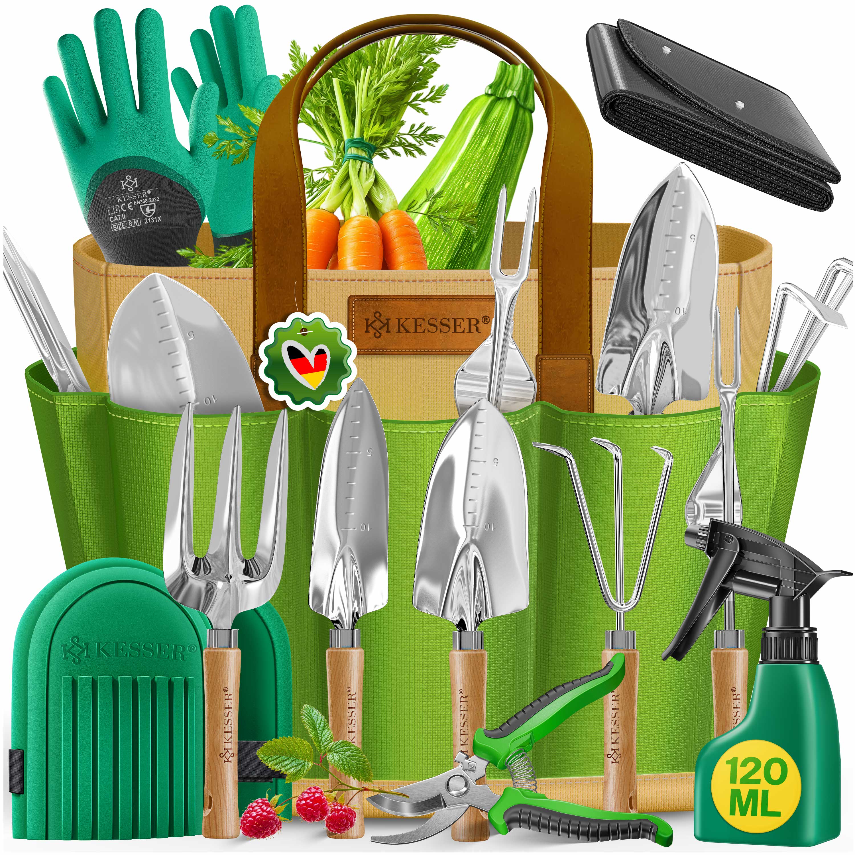 KESSER&reg; Gartenwerkzeug Set 10-teilig mit ergonomischen Holzgriffen inkl. wasserdichte Tasche aus 600D Oxford-Material, Knieschoner, Pflanzmatte, Spr&uuml;hflasche, Gartenschere, Handschuhe f&uuml;r Gartenarbeit 