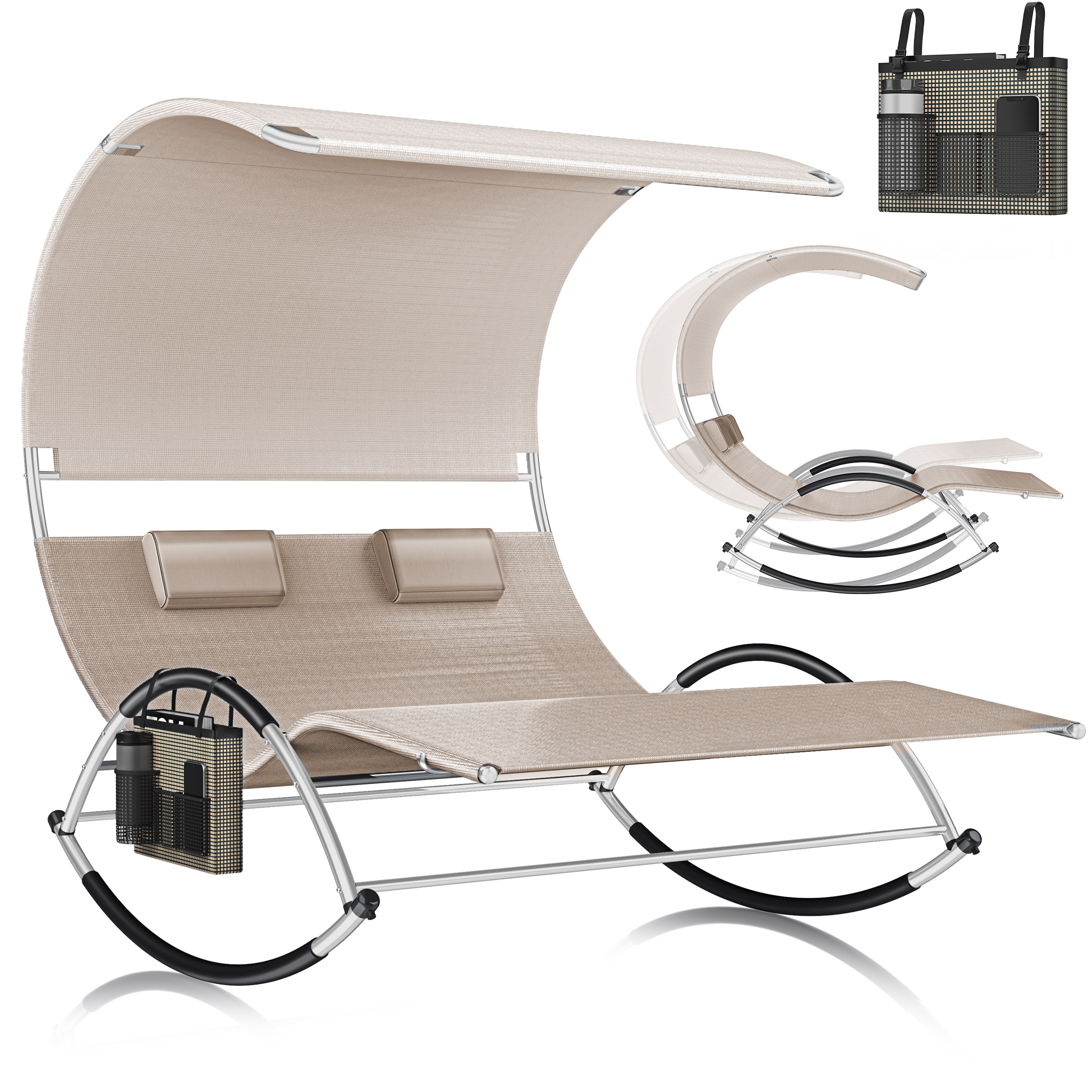 KESSER&reg; Doppel-Sonnenliege Doppelliege | mit Sonnendach , Kopfkissen Tasche | f&uuml;r 2 Personen | Relaxliege | Gartenliege | Schaukelliege ergonomisch geformte Liegefl&auml;che | 240 kg Belastung | 