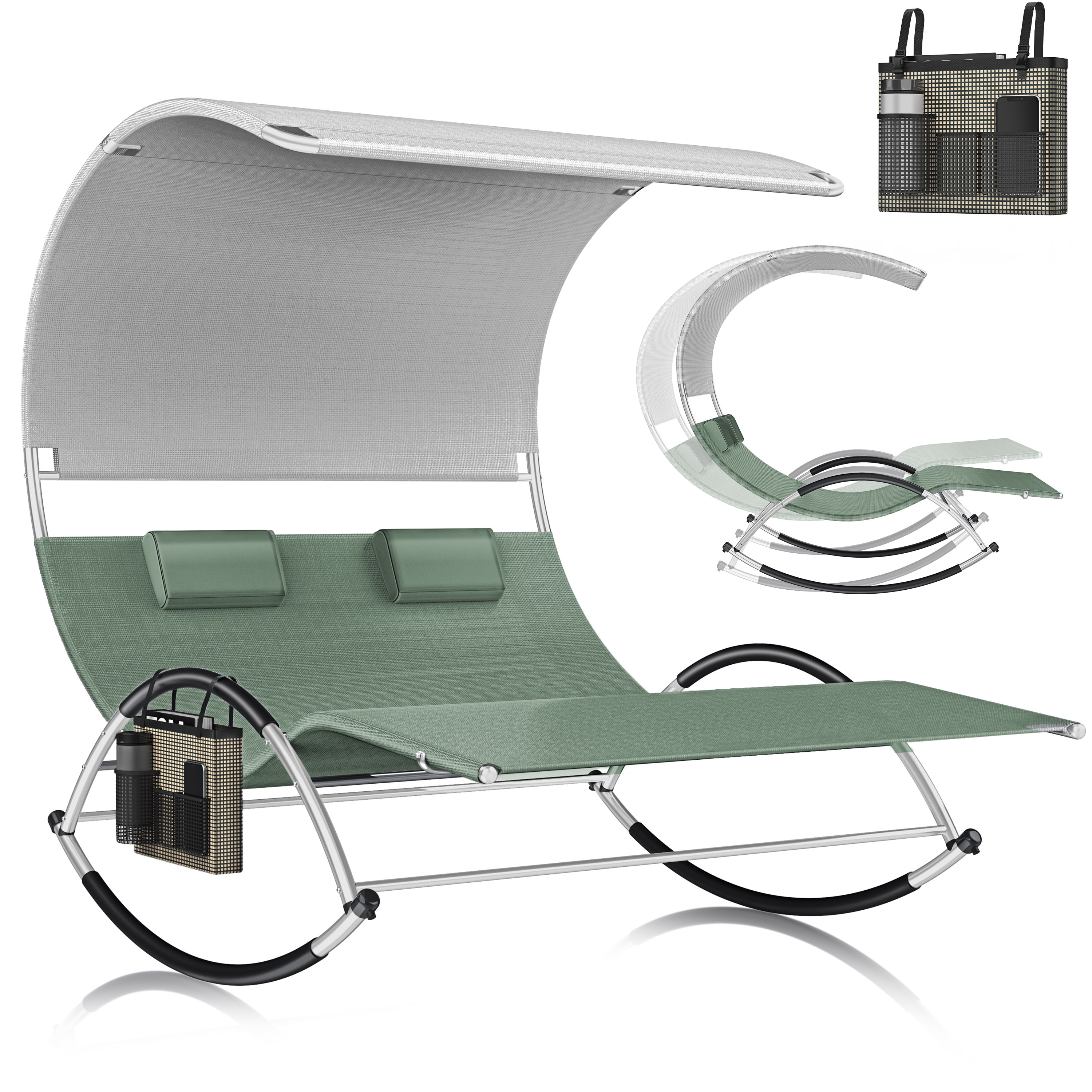 KESSER&reg; Doppel-Sonnenliege Doppelliege | mit Sonnendach , Kopfkissen Tasche | f&uuml;r 2 Personen | Relaxliege | Gartenliege | Schaukelliege ergonomisch geformte Liegefl&auml;che | 240 kg Belastung | 