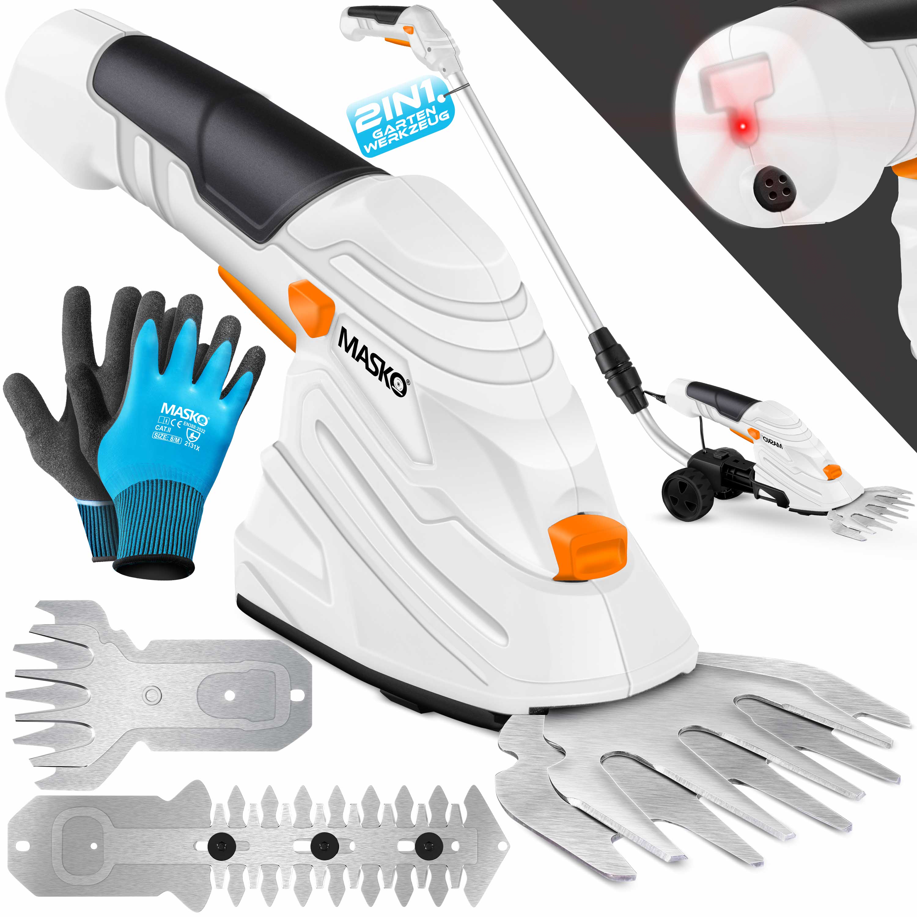 MASKO&reg; Grasschere Strauchschere Set mit Akku 7,2V 2000mA/h + Ladeger&auml;t + Handschuhe elektrische Garten Heckenschere Rasenschere Inkl. Grasmesser + Strauchmesser + stiel Teleskopstange 90-130 cm R&auml;dern 