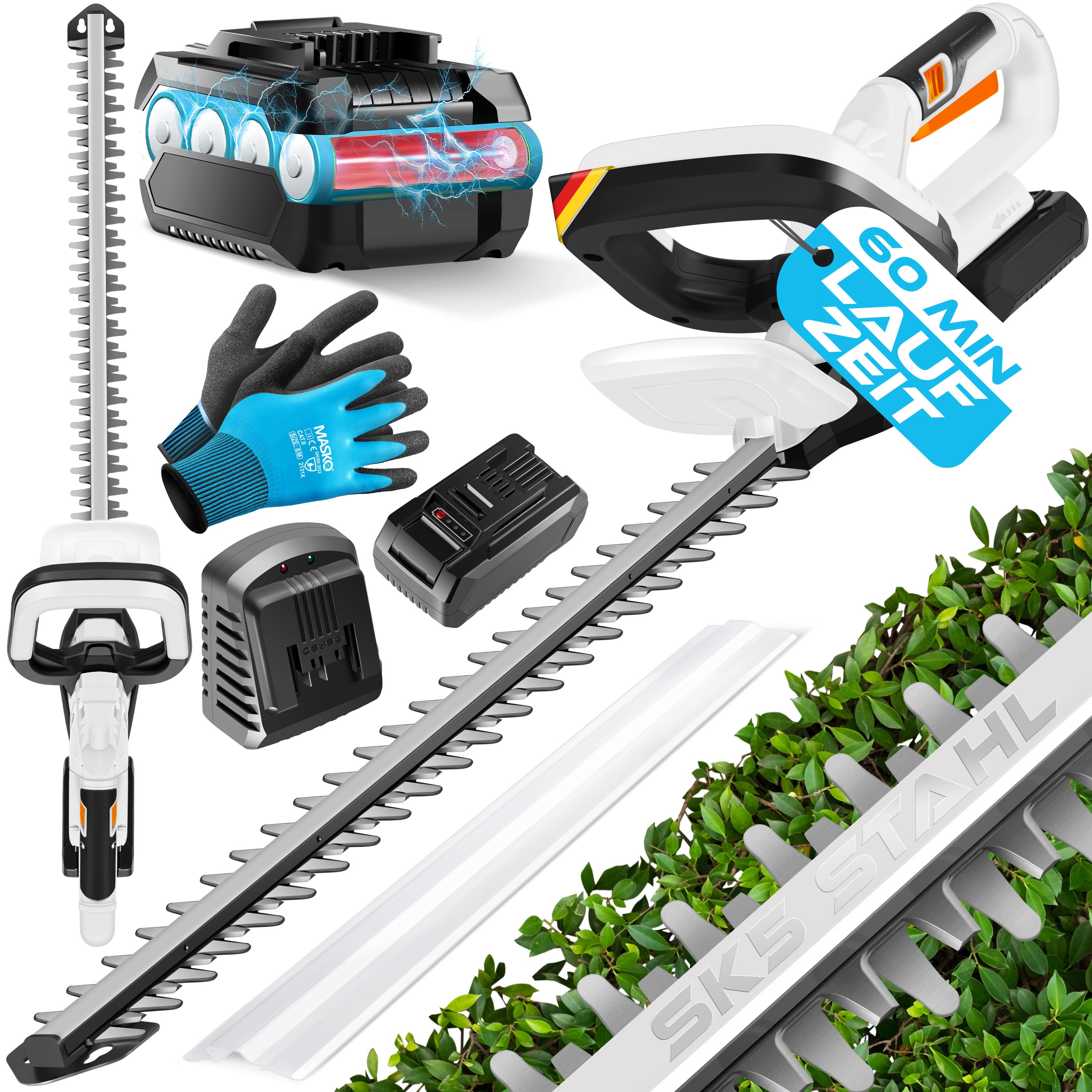 MASKO&reg; Akku Heckenschere Profi Hecken & Strauchschere 57cm Schnittl&auml;nge Inkl. 21V Akku 2,0 Ah & Ladeger&auml;t kabellos&nbsp;Elektro-Heckenschere 27mm Zahnabstand Dual Schnittklingen Verstellbarer Griff 