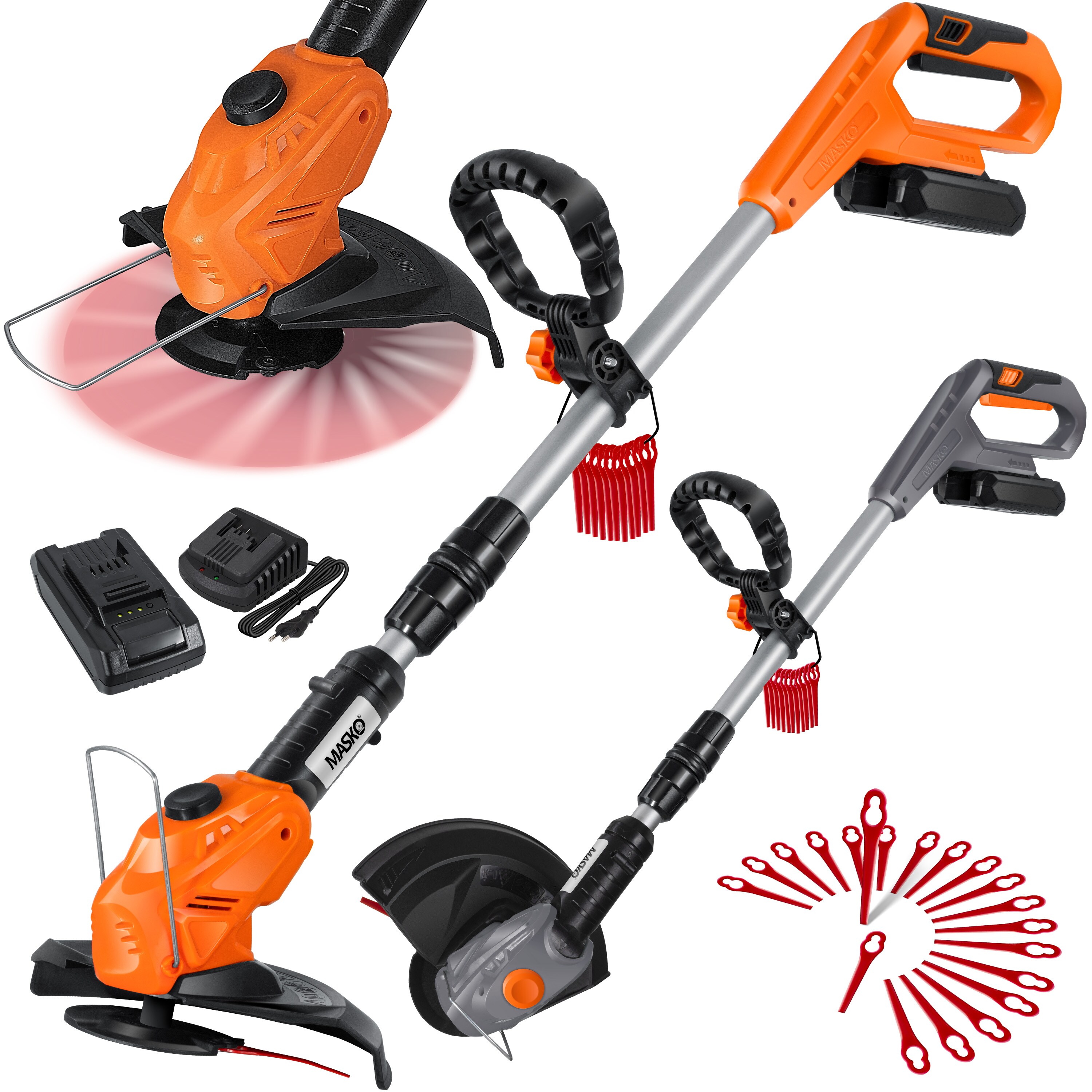 MASKO&reg; Akku-Rasentrimmer mit 20 V Li-Akku, 2,0 Ah Akku und Ladeger&auml;t, Motorsense 26 cm Schnittkreis, 180&deg; Trimmwinkel, Teleskop-Stiel & Zusatzhandgriff, inkl. 20 Messer Kunststoffklinge 