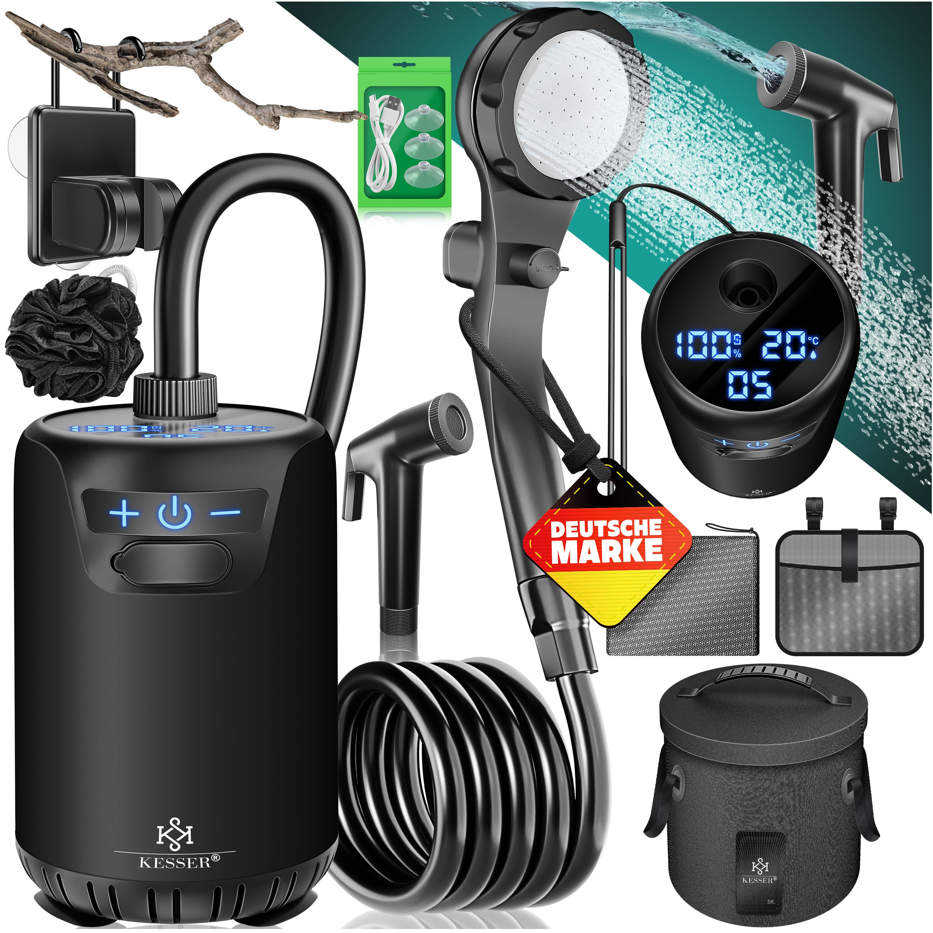 KESSER&reg; Campingdusche Solardusche mit Pumpe & wiederaufladbarem Akku 8000mAh Mobile Dusche | Camping Dusche Set inkl. einstellbarem Duschkopf, 2m Schlauch, Spr&uuml;hpistole & Halterung 