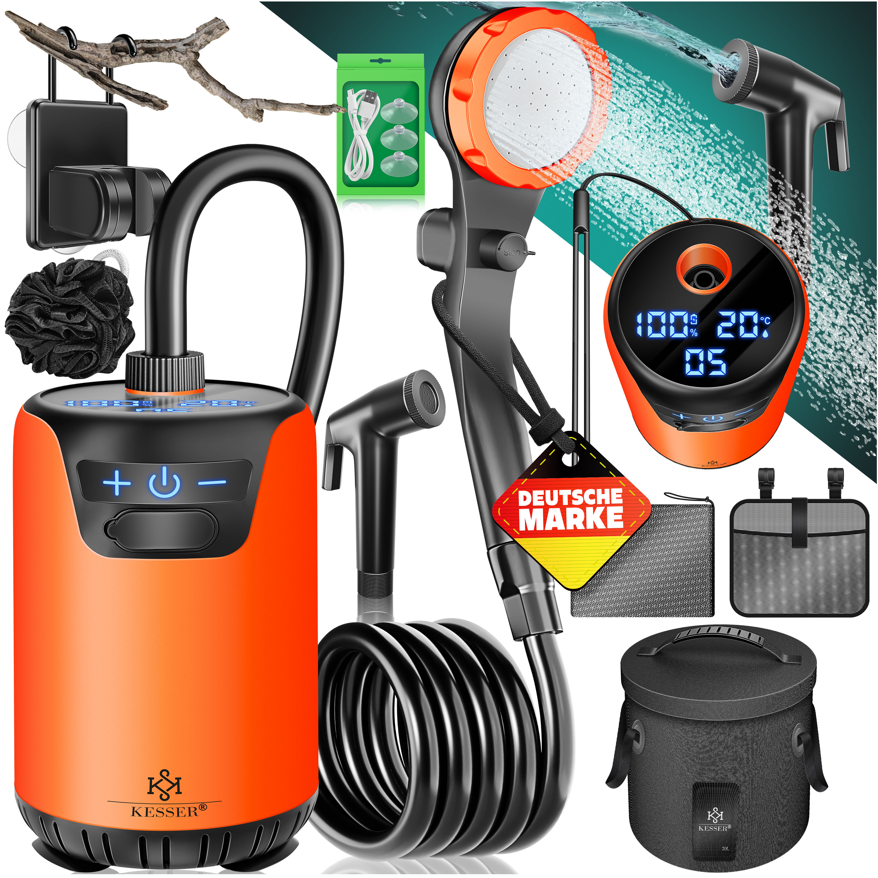 KESSER&reg; Campingdusche Solardusche mit Pumpe & wiederaufladbarem Akku 8000mAh Mobile Dusche | Camping Dusche Set inkl. einstellbarem Duschkopf, 2m Schlauch, Spr&uuml;hpistole & Halterung 