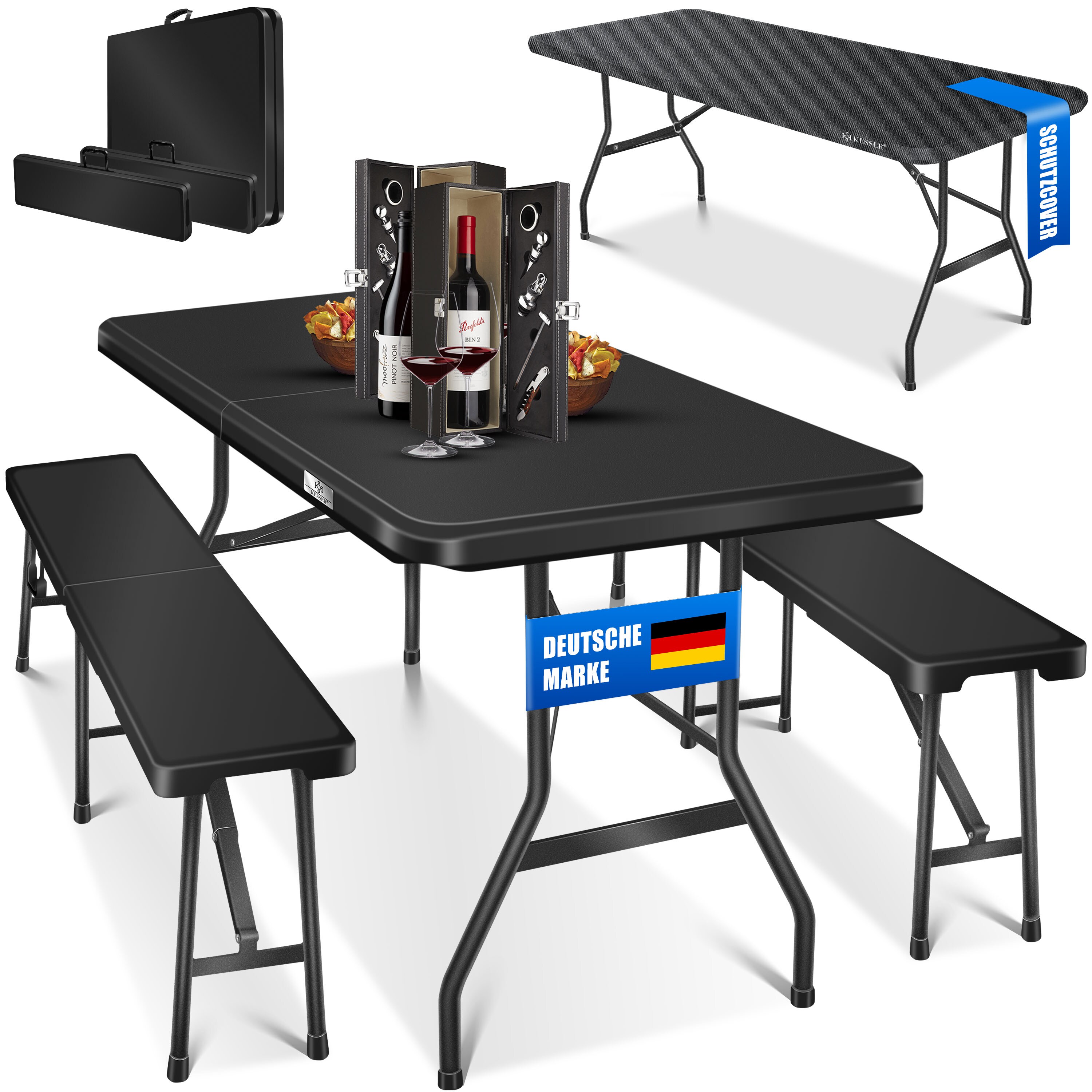 KESSER&reg; Bierzeltgarnitur 3-teilig Set Tisch & 2x Bank | Buffettisch f&uuml;r drinnen & drau&szlig;en Gartengarnitur klappbar 183x76x74cm Kunststoff Klapptisch Gartentisch inkl. Abdeckung & Tragegriffe 