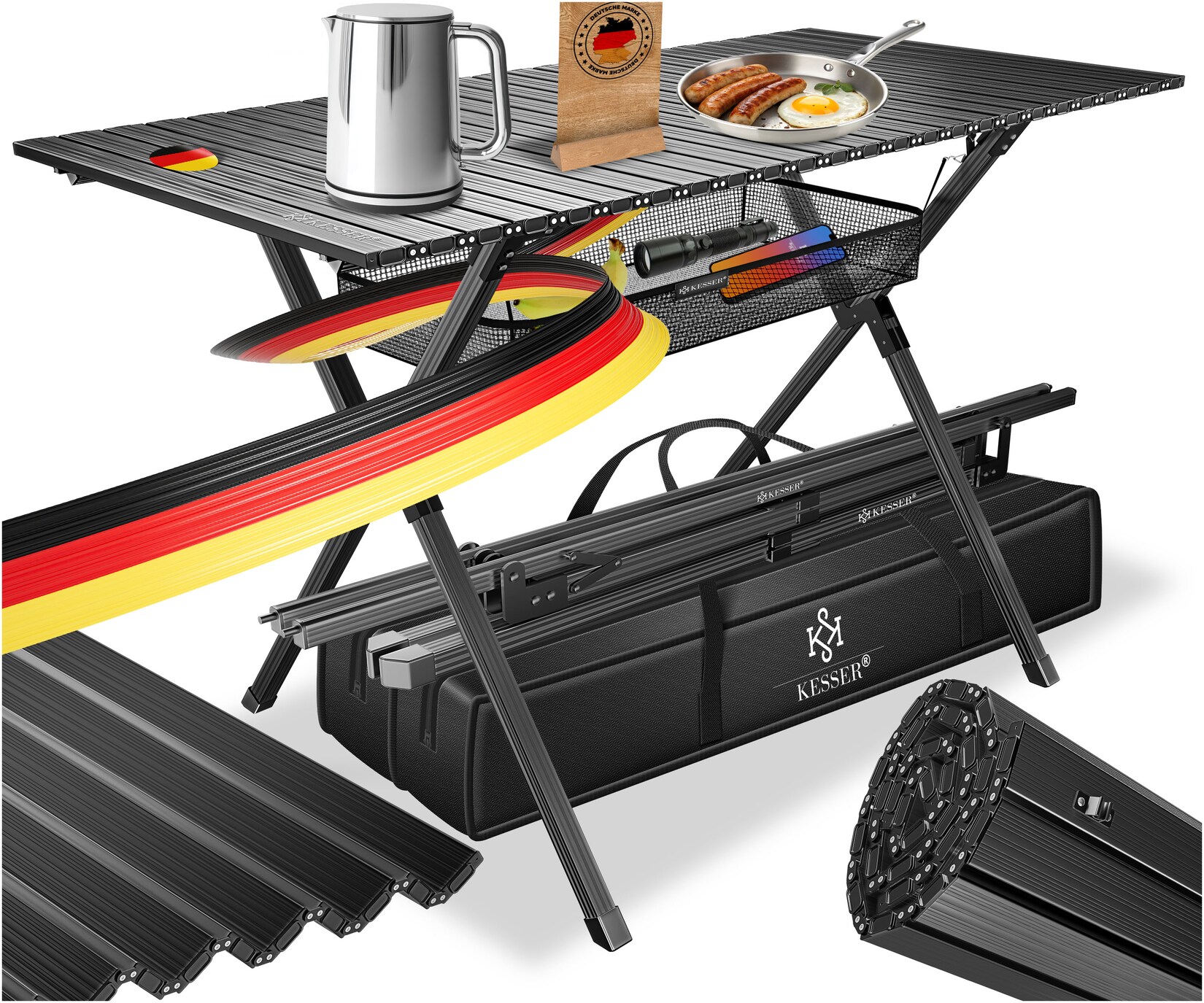® Campingtisch faltbar Klapptisch mit Aluminiumrahmen Aufrollbare Tischplatte Falttisch klappbar 145x70x70cm bis  inkl. Tragetasche mit Trageband & Netztasche