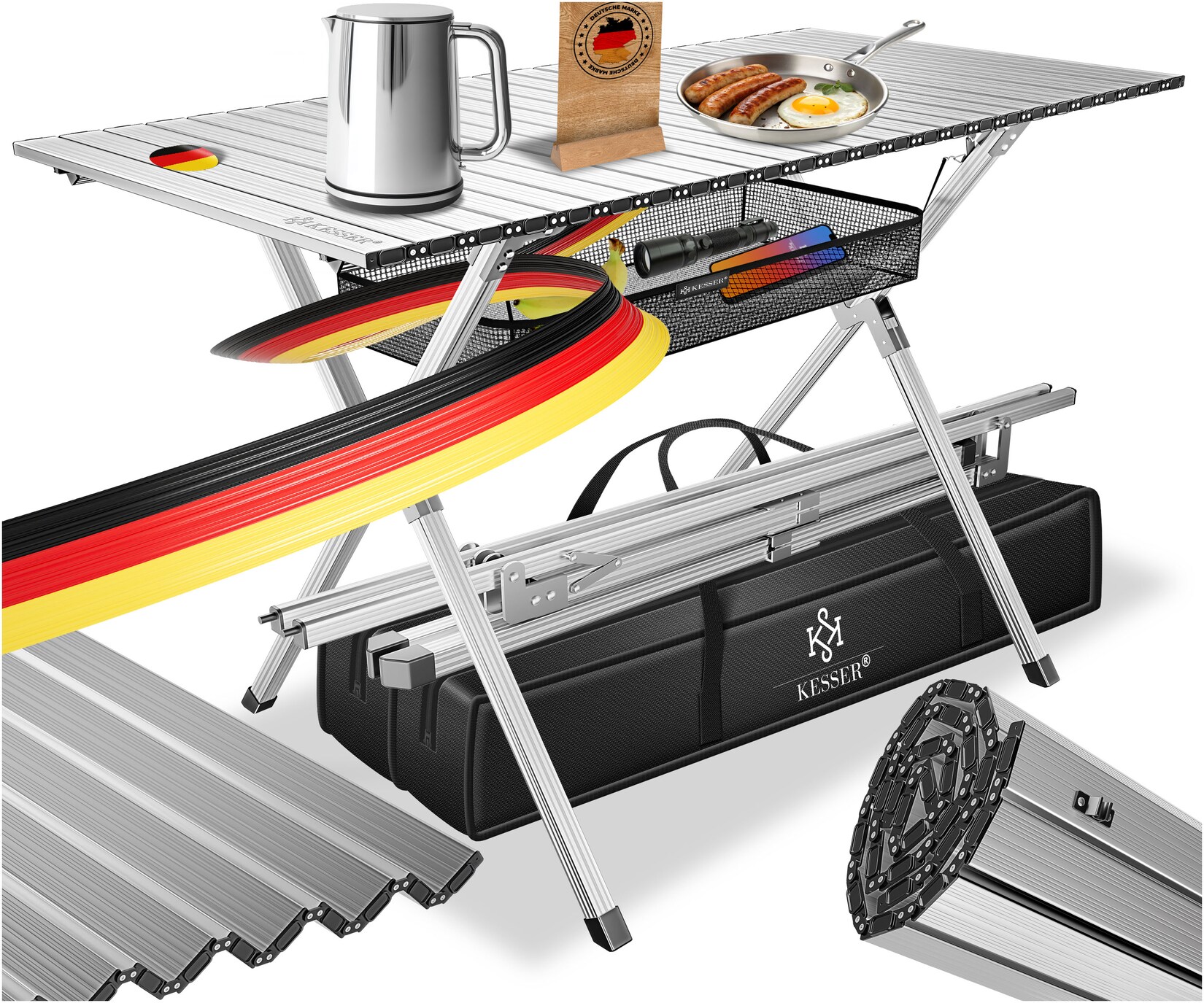 ® Campingtisch faltbar Klapptisch mit Aluminiumrahmen Aufrollbare Tischplatte Falttisch klappbar 145x70x70cm bis  inkl. Tragetasche mit Trageband & Netztasche