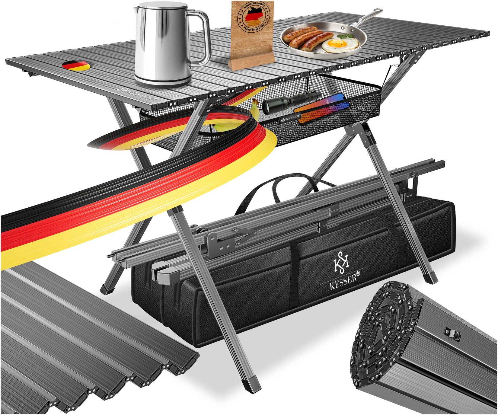 ® Campingtisch faltbar Klapptisch mit Aluminiumrahmen Aufrollbare Tischplatte Falttisch klappbar 145x70x70cm bis  inkl. Tragetasche mit Trageband & Netztasche