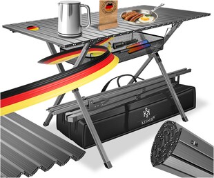 KESSER® Campingtisch faltbar Klapptisch mit Aluminiumrahmen Aufrollbare Tischplatte Falttisch klappbar 145x70x70cm bis 100kg inkl. Tragetasche mit Trageband & Netztasche 