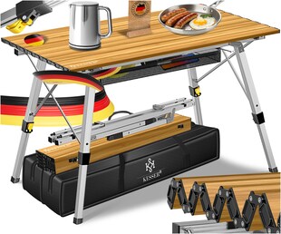 KESSER® Campingtisch faltbar Klapptisch mit Aluminiumrahmen Aufrollbare Tischplatte Falttisch klappbar inkl. Tragetasche mit Trageband & Netztasche, Holz-Optik 