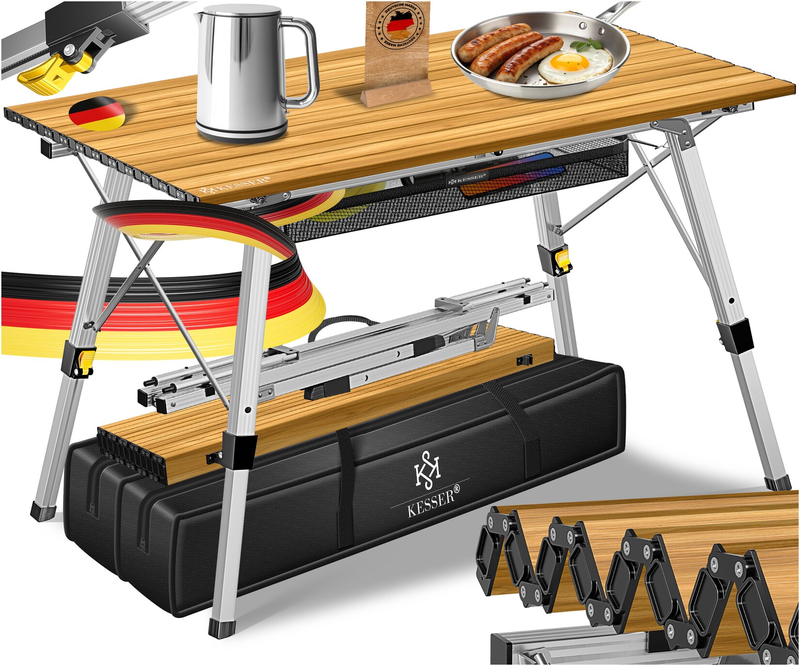 ® Campingtisch faltbar Klapptisch mit Aluminiumrahmen Aufrollbare Tischplatte Falttisch klappbar inkl. Tragetasche mit Trageband & Netztasche, Holz-Optik