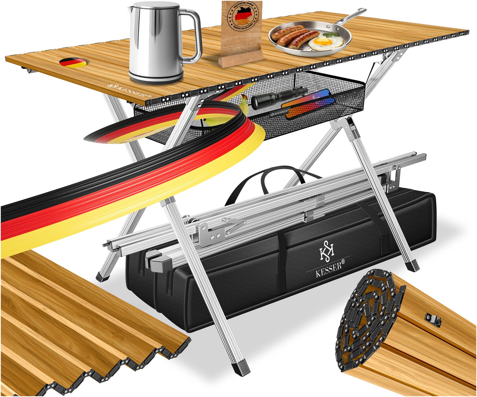 ® Campingtisch faltbar Klapptisch mit Aluminiumrahmen Aufrollbare Tischplatte Falttisch klappbar inkl. Tragetasche mit Trageband & Netztasche, Holz-Optik
