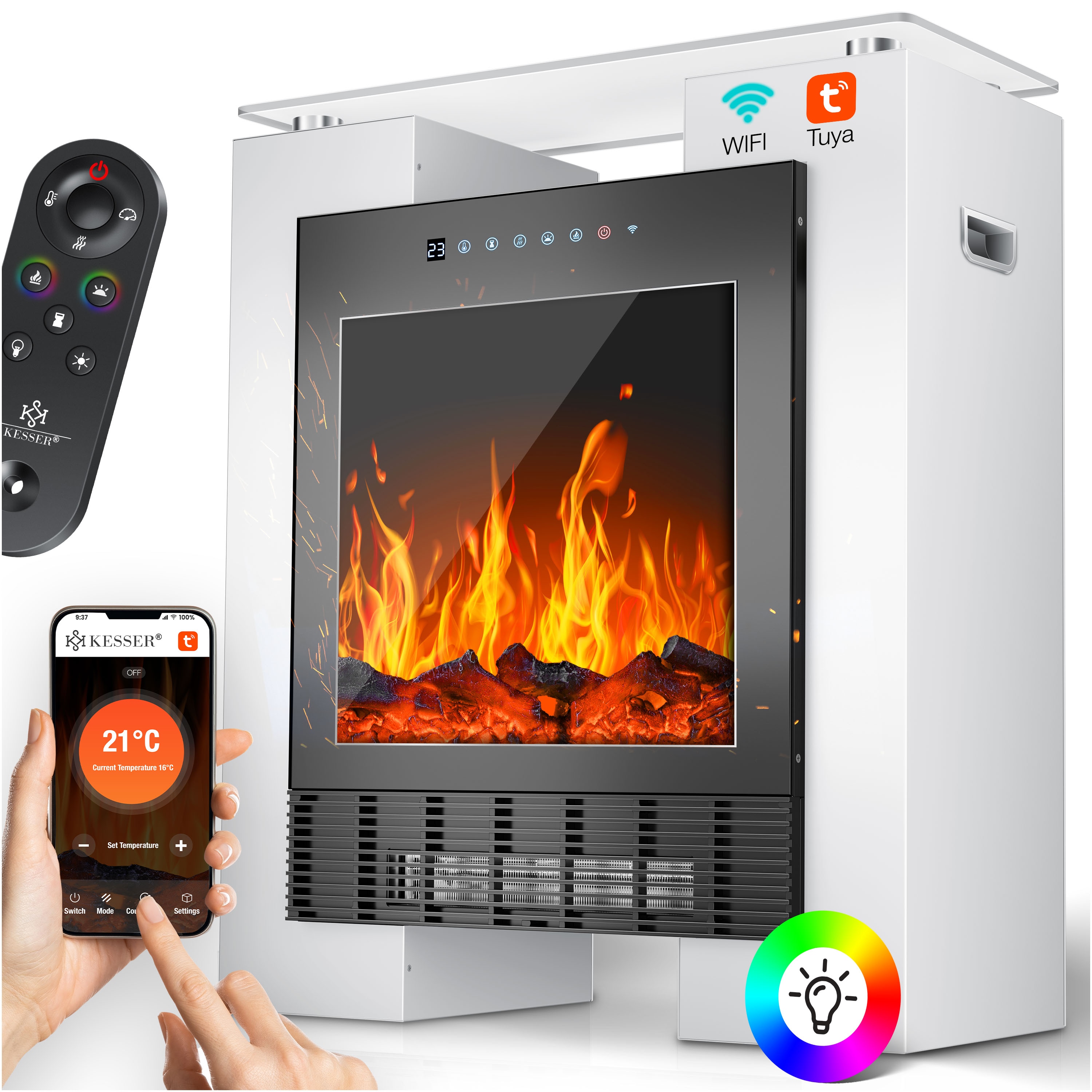 KESSER&reg; LED Kamin mit Heizung elektrisch | Heizl&uuml;fter Elektrokamin mit Thermostat, Standkamin mit realistischem Feuer -/ Flammeneffekt per App + Fernbedienung & WLAN &ndash; mit Timer,15-35&deg;C 
